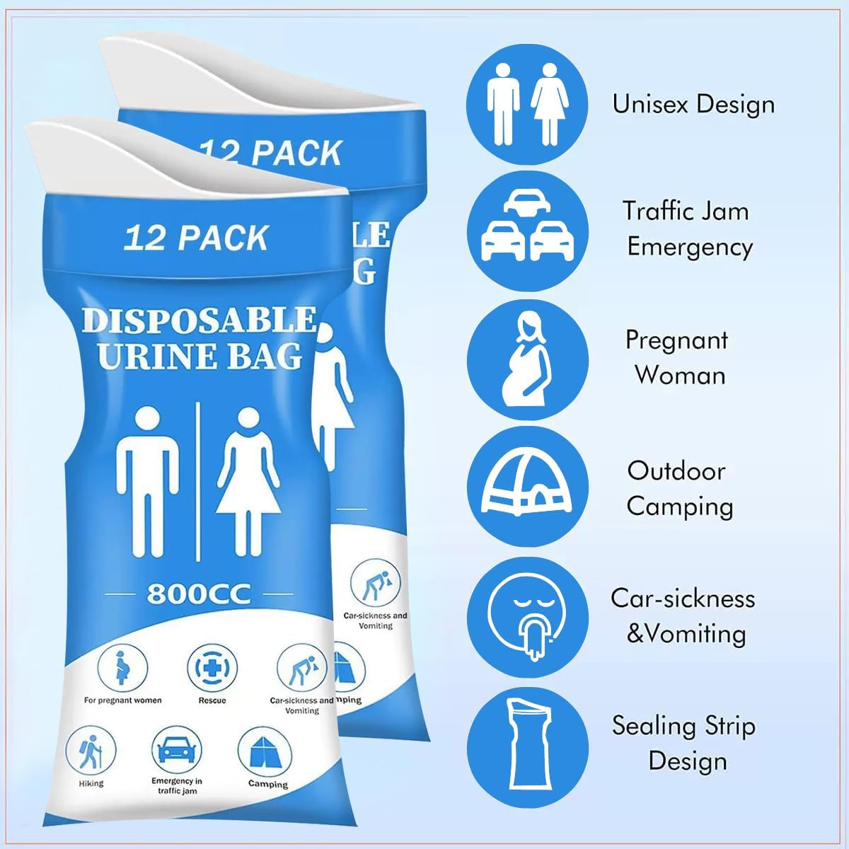 12 PCS Disposable Urine Bags,800Cc Pee Bags for Travel for Women and Men, Portable Emergency Urine Bag with Leakproof Seal for Road Trips, Camping, Hiking, Traffic Jams,Pregnant, Patients image number 2