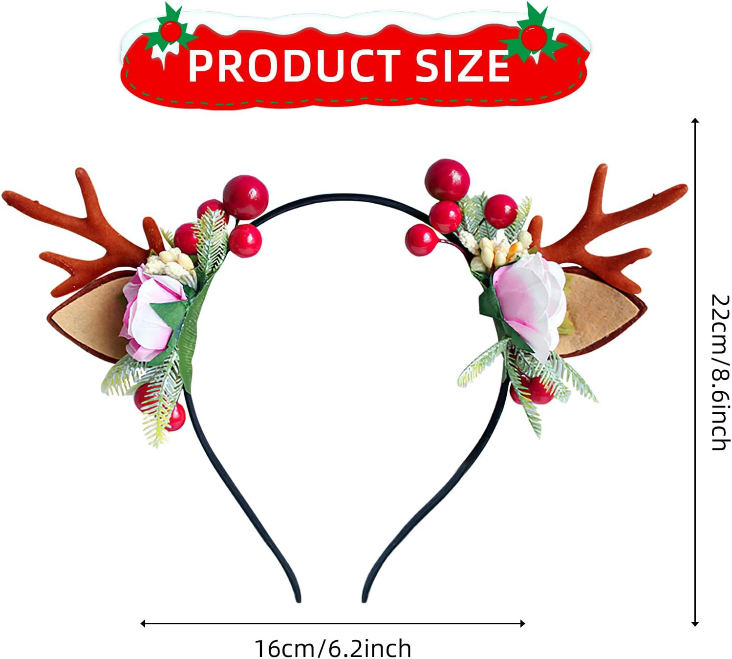 Christmas Antlers Headband, Reindeer Ears Headband, Antlers Floral Hair Band for Christmas Party, Christmas Hair Band, Christmas Party Headpiece for Women Girls, Christmas Party Festival image number 6