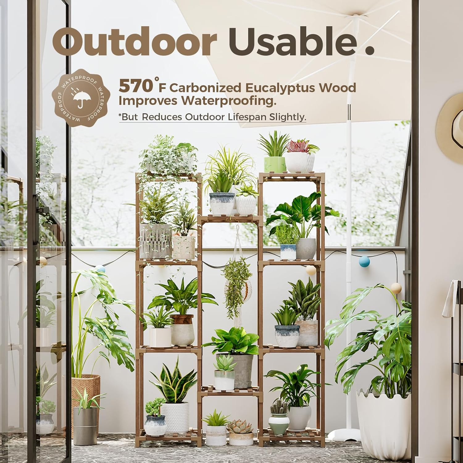 Bamworld Plant Stand Indoor Outdoor Hanging Plant Shelf for Multiple Plants Pots Wood Flower Stand Tall Large Flower Holder for Living Room, Patio, Balcony, Garden Decor, Brown image number 5