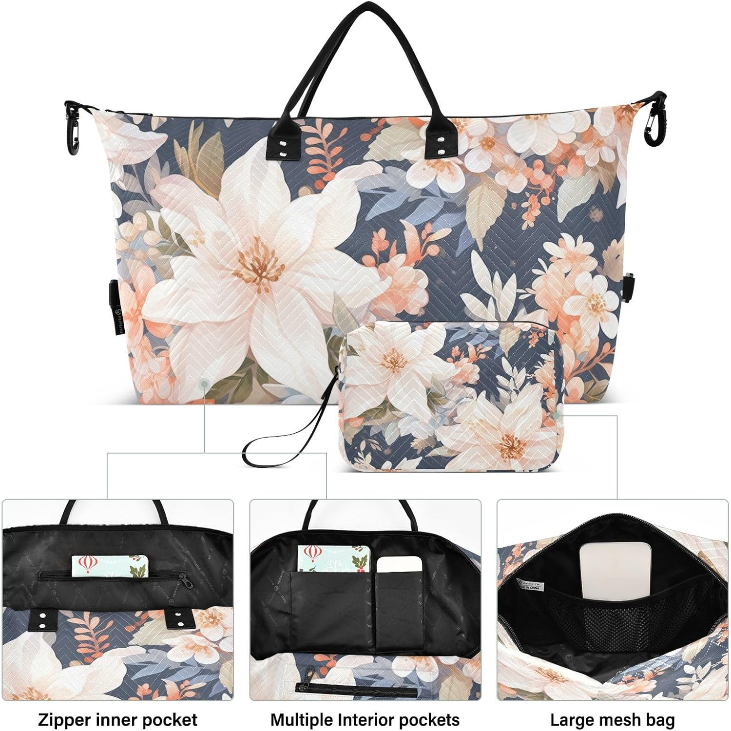 XYMZR Large Travel Duffel Bag, Blooming Floral Sports Tote Gym Bag, Shoulder Weekender Overnight Bag for Women Men, Carry on Luggage with Toiletry Bags, Multi-Colored, Multi-Colored