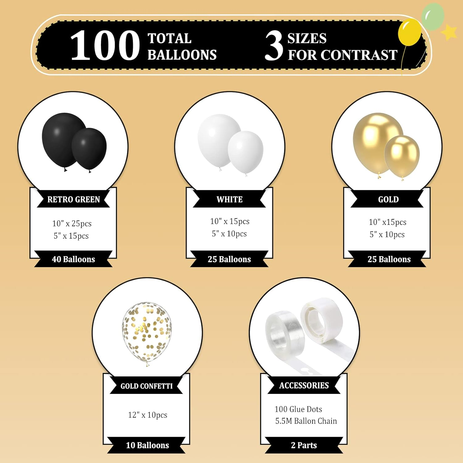 Black and Gold Balloons Garland Kit, 100Pcs Metal Gold Black White Balloons Set in Different Size for Graduation Birthday Anniversary Bachelorette Party Balloon Decoration image number 1