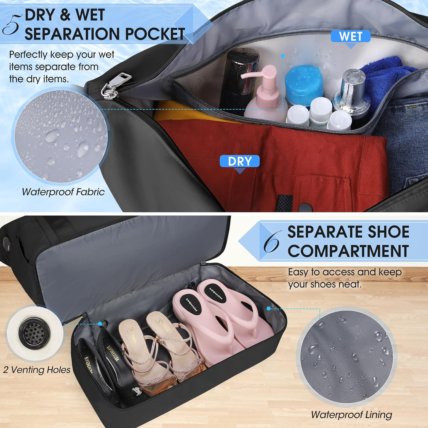 Travel Duffel Bags for Women Waterproof Weekender Overnight Bag Gym Tote Bag with Shoe Compartment and Wet Pocket Weekend Carry on Duffle Bag with USB Charging Port, Black image number 4