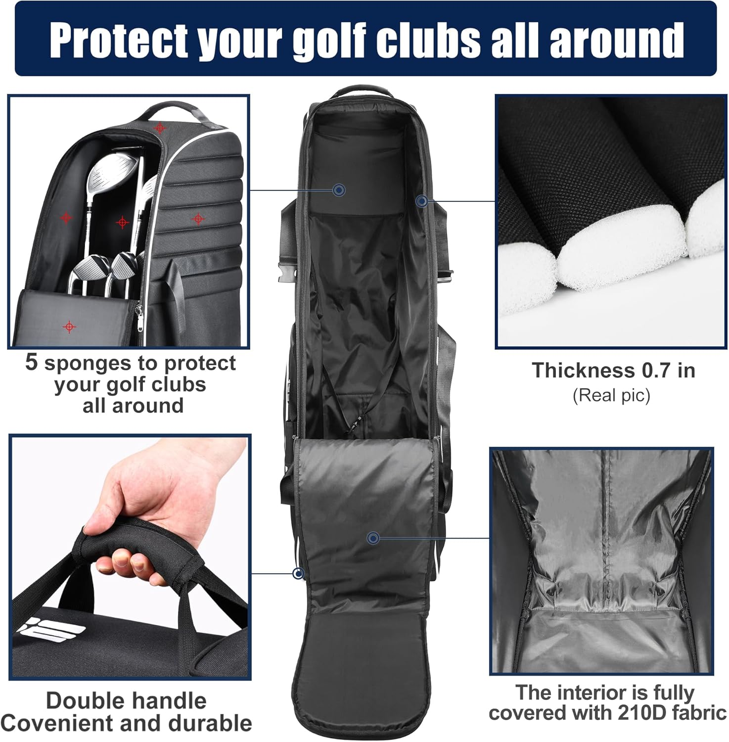 Golf Travel Bag with Wheels, 900D Heavy Duty Oxford Fabric Golf Travel Case for Airlines-Black image number 3