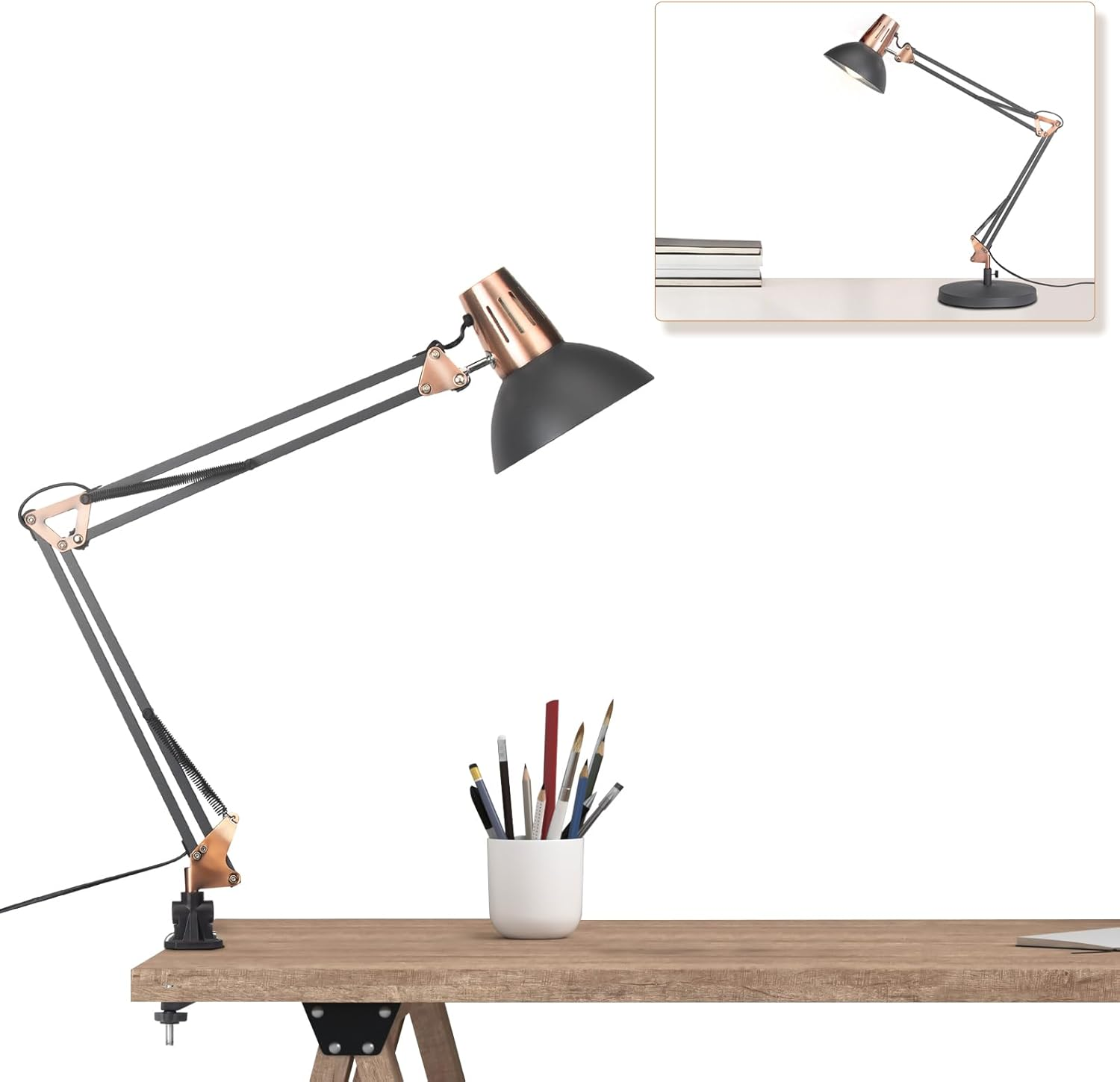 FIRVRE Desk Lamp Flexibly Adjustable Architect Wooden Desk Lamp Swing Arm Goose Necktable Table Lamp Portable Reading Light for Bedroom Study Home Office