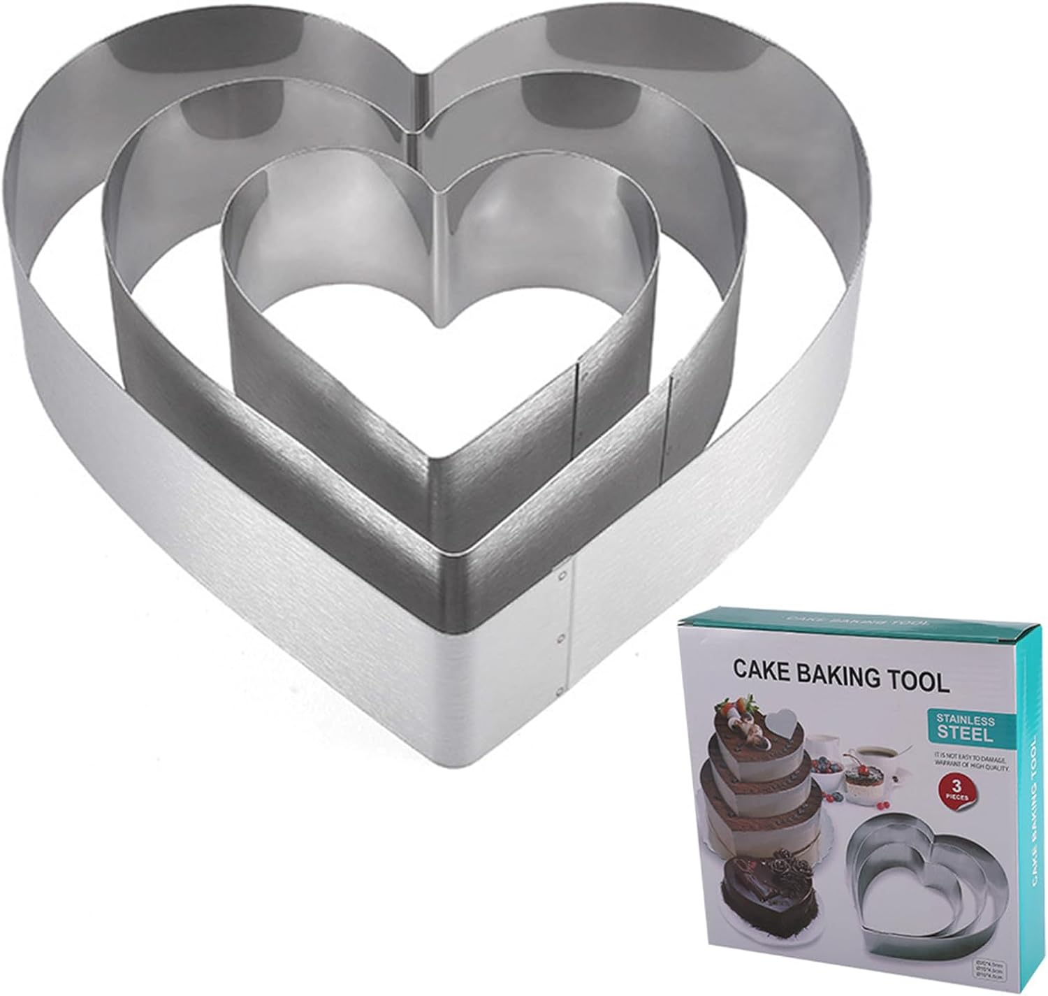 3 Pcs Cake Rings Set, Mousse Cake Rings, Baking Moulds for Pancakes, English Muffins, Biscuits, Reusable Stainless Steel Pastry Molds for Steaming, Baking, Non-Stick Cutter Mold Kit (Heart Shaped)