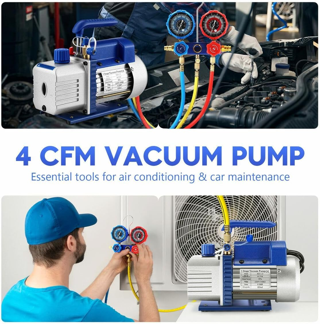 AUSWAY 4CFM Vacuum Pump Set 1/3 HP 1 Stage Air Conditioning HVAC Refrigeration Auto AC Repair Tools Food Clothes Packaging R134A R410 Manifold Gauges image number 3