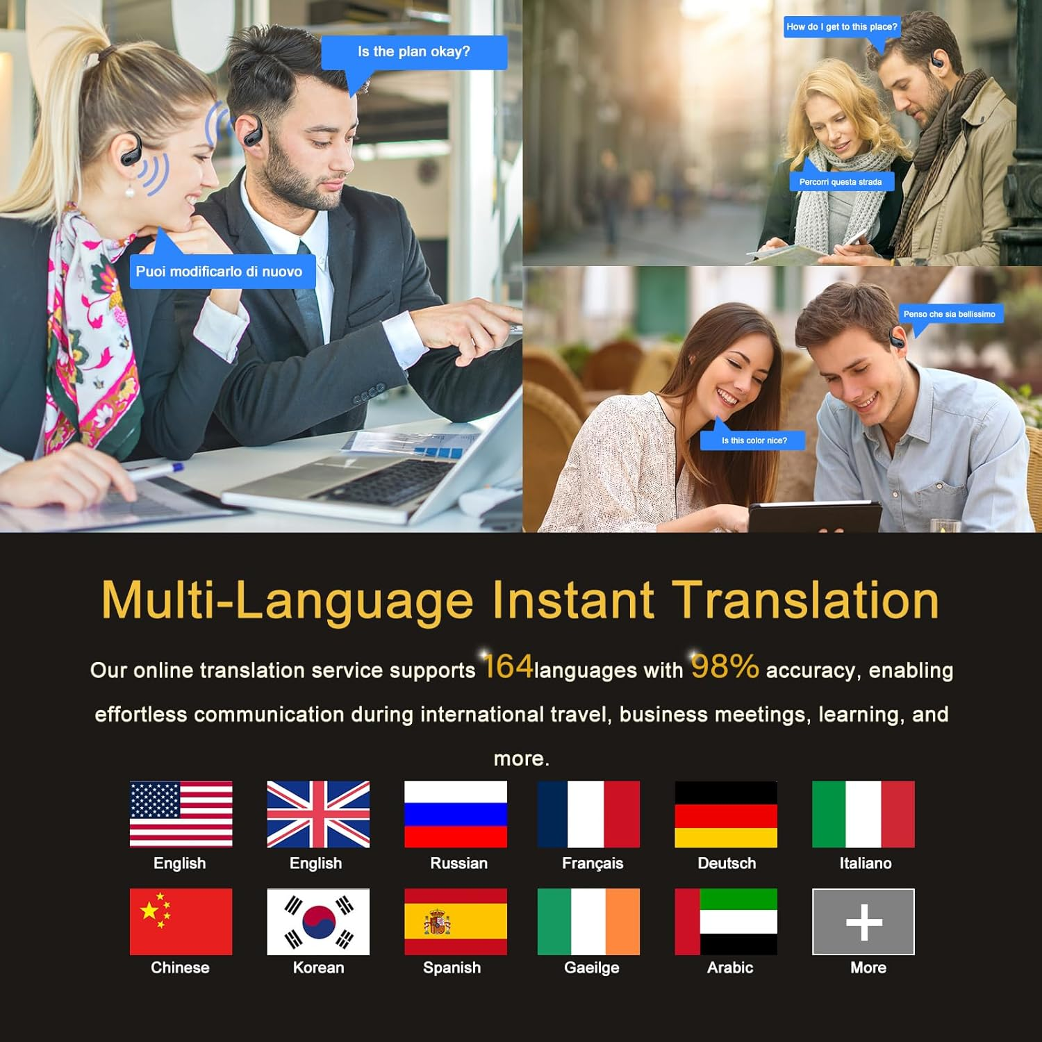 Stecei AI Language Translation Earbuds Real Time, 3-In-1 Translator Earbuds with 6 Translation Modes/164 Language, 75H Bluetooth 5.4 Headphones Translating Device for Travel/Business//Leaning, Black image number 6