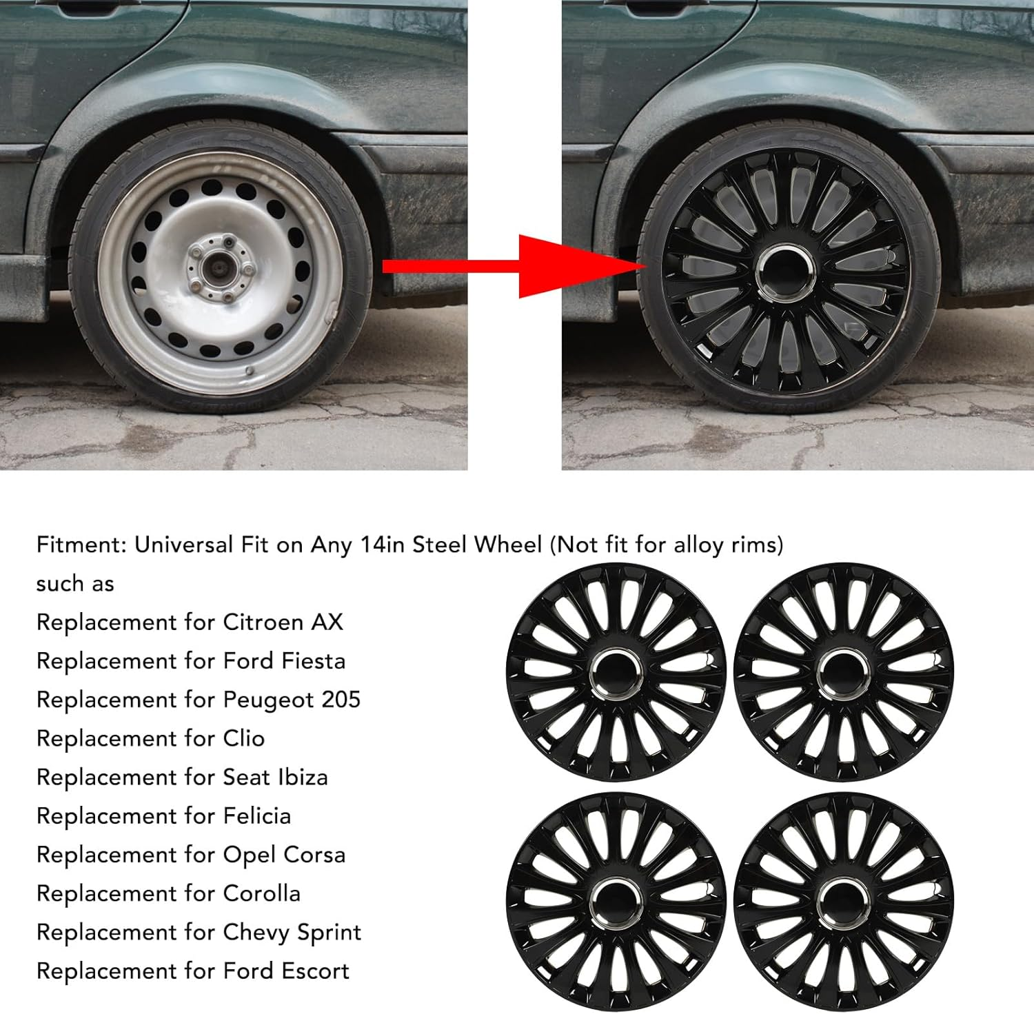 4PCS Black Automobile Hubcap Cool Sporty Wheel Rim Cover Trim Universal Fit, 14In for Most Cars image number 6