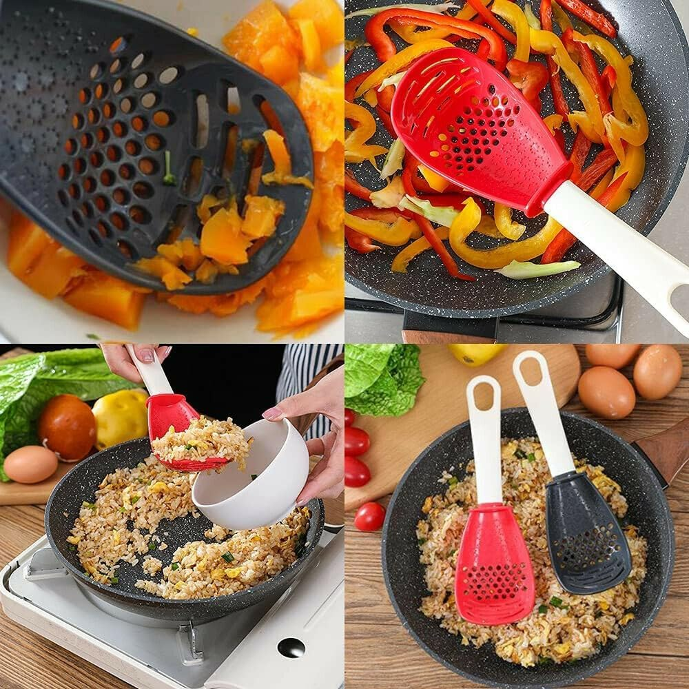 Leona Co 2Pcs Multifunctional Kitchen Cooking Spoon, Slotted Spoon for Cooking Strainer Spoon, All in One Garlic Press Grinder Kitchen Spoons for Mashing Draining (Black&Red) image number 5