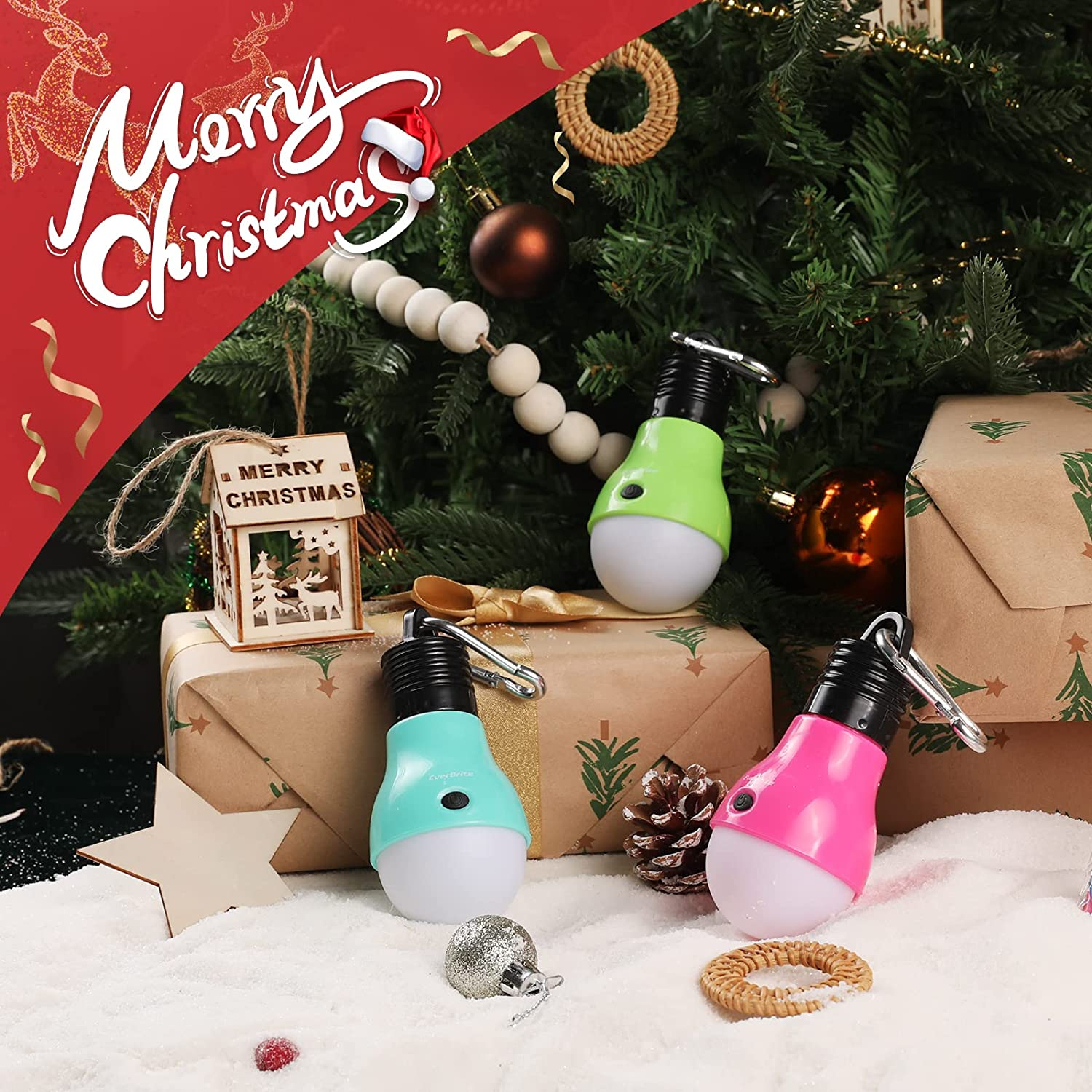 Everbrite Camping Lights 3-Pack Hanging Lantern LED Portable Bulb Tent Lamp High Low Strobe 3 Modes Battery Powered Assorted Colors for Camping, Reading, Emergency Battery Included