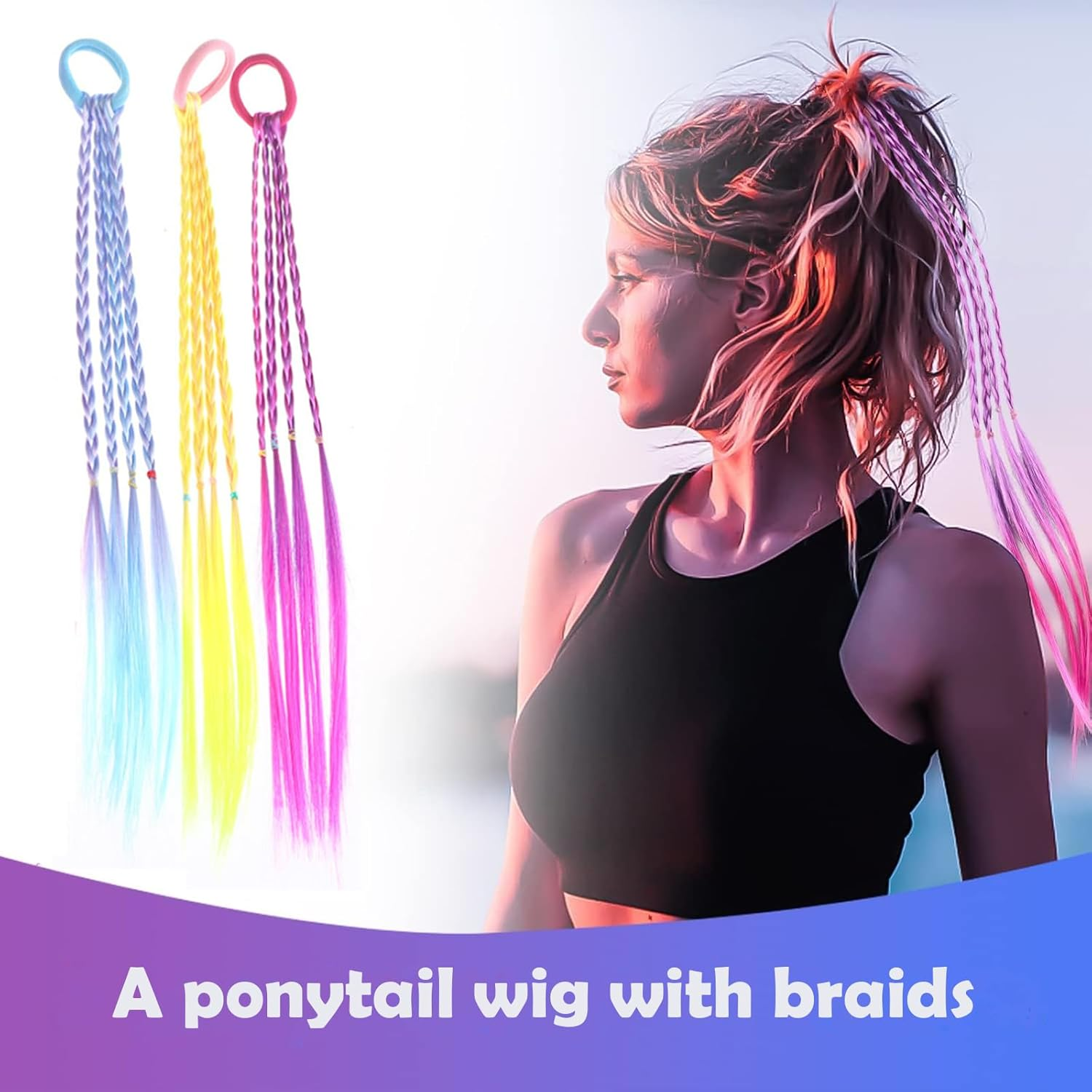 12 PCS Girls Fake Hair Braids, Colored Hair Extensions Ponytail with Rubber Band, Children&rsquo;S Braided Hair Pieces for Ponytail, Hair Accessories in 6 Colors image number 2
