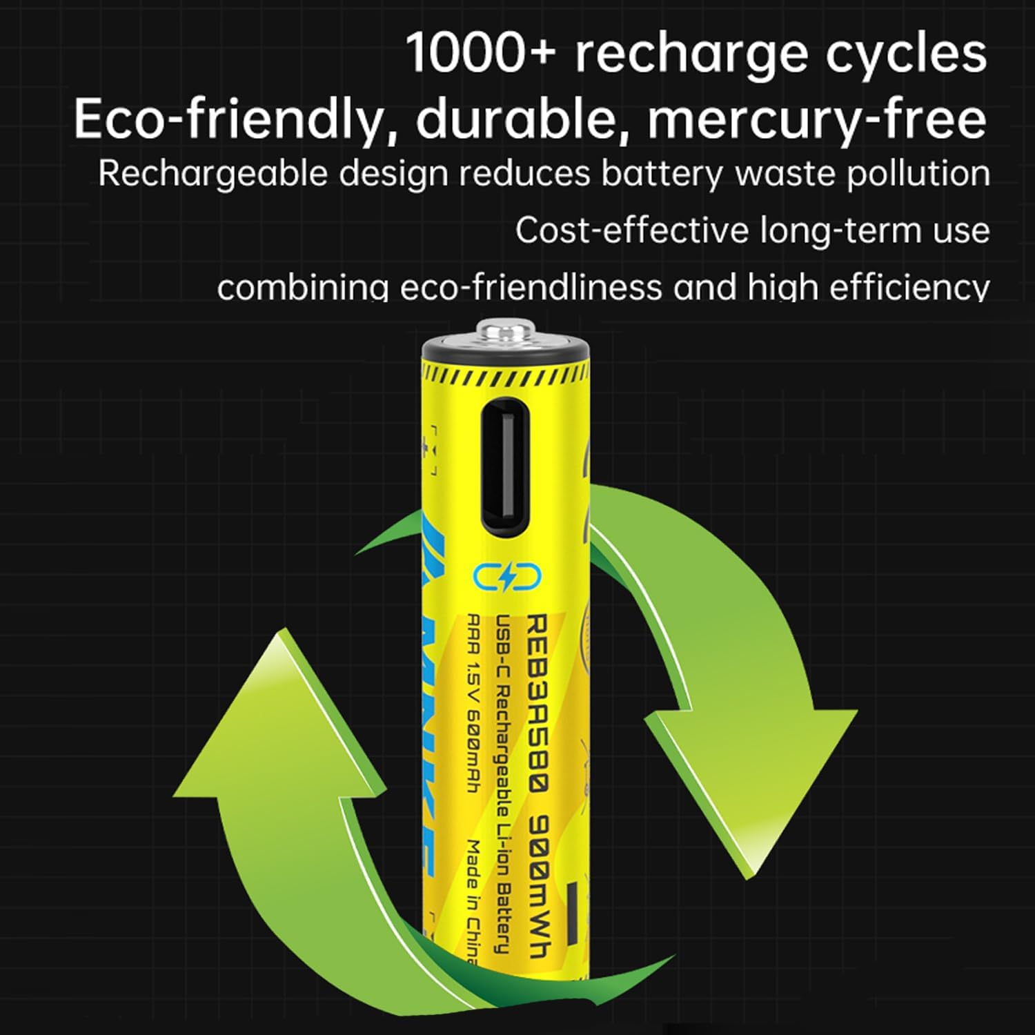 4PCS AAA Rechargeable Lithium Batteries 1.5V 900Mwh High-Capacity 2000+ Cycles Ultra-Long Lasting Time Durable Cycle 4-Pack Set with Type-C Cable (Black 4-Pack Set) image number 5