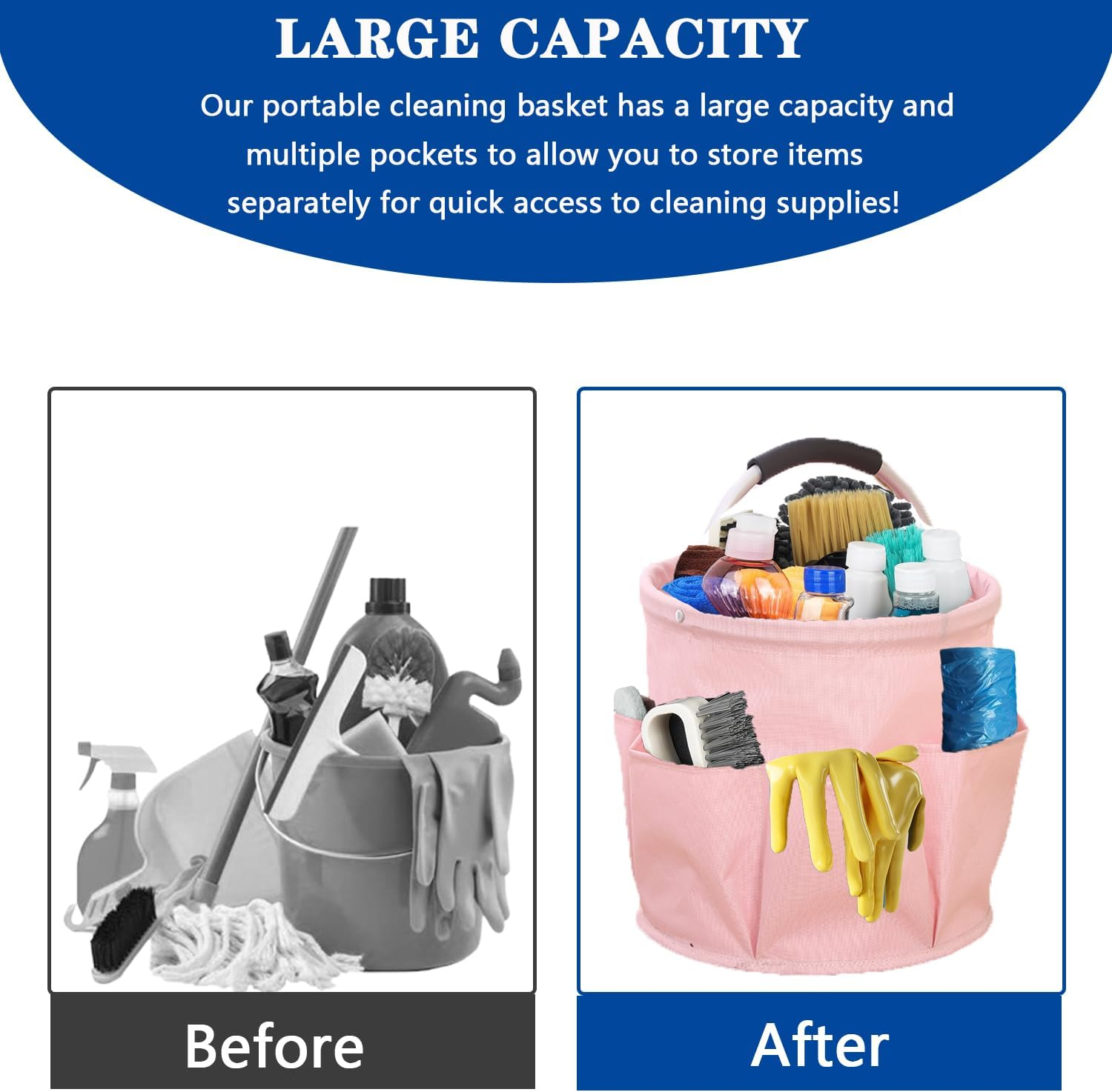 Cleaning Supplies Organiser, Cleaning Bag, Foldable Cleaning Bag, Cleaning Bag, Cleaning Agent Organiser Portable with Handle and Six Pockets for Indoor, Garden, Bathroom, Black (Pink)