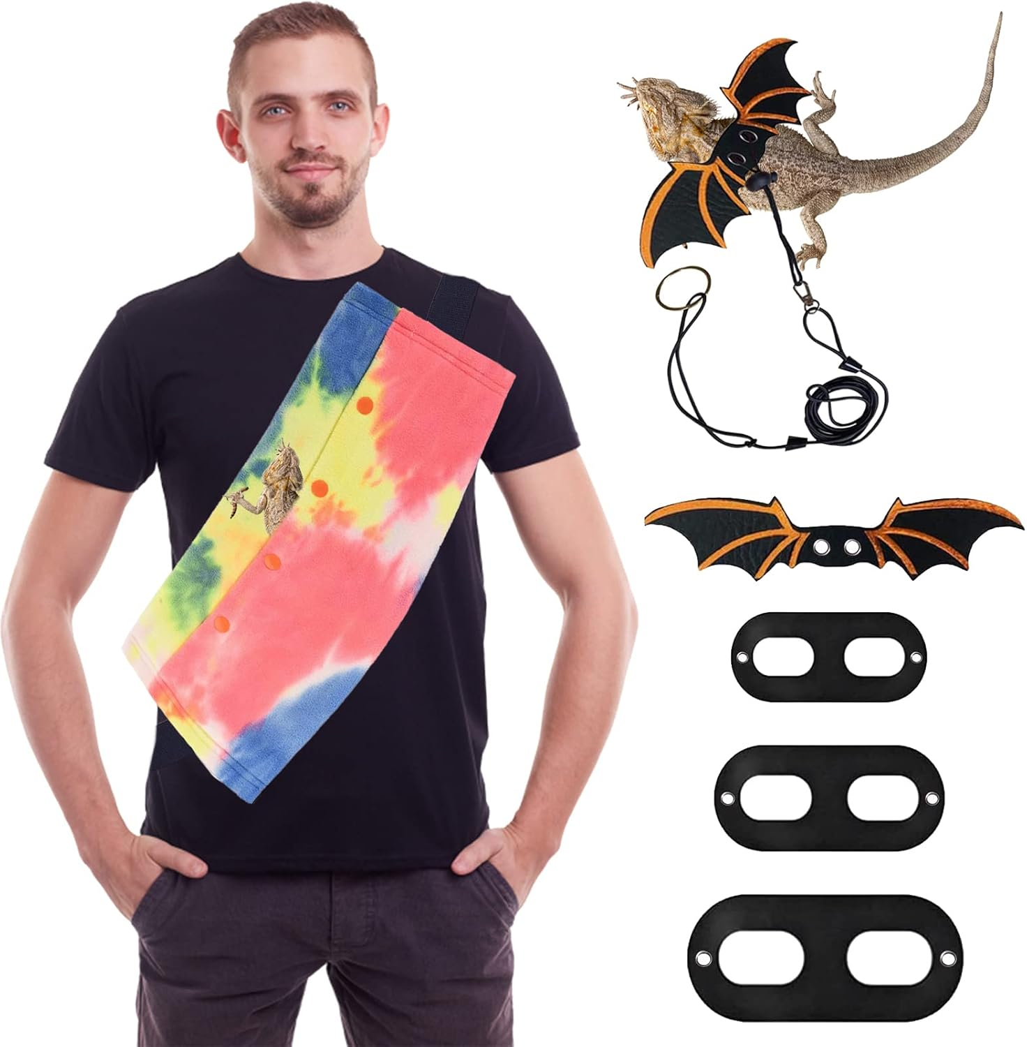 Bearded Dragon Carrier Reptile and Small Pets Travel Sling Adjustable Bearded Dragon Accessories with Harness and Leash (Blue & Green)