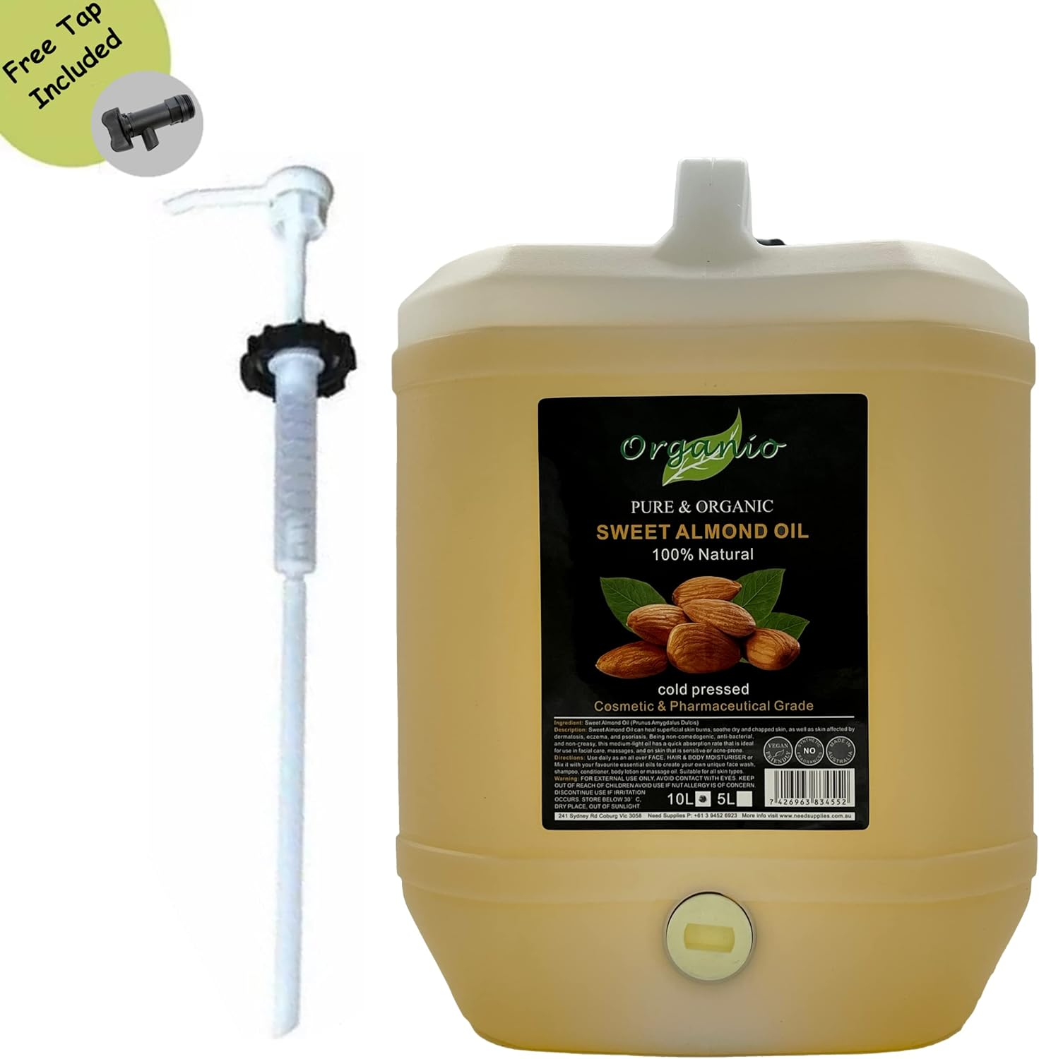 ORGANIC SWEET ALMOND OIL, COLD-PRESSED, 100% PURE, NATURAL (Cosmetic & Pharmaceutical Grade) (10L, with Pump)