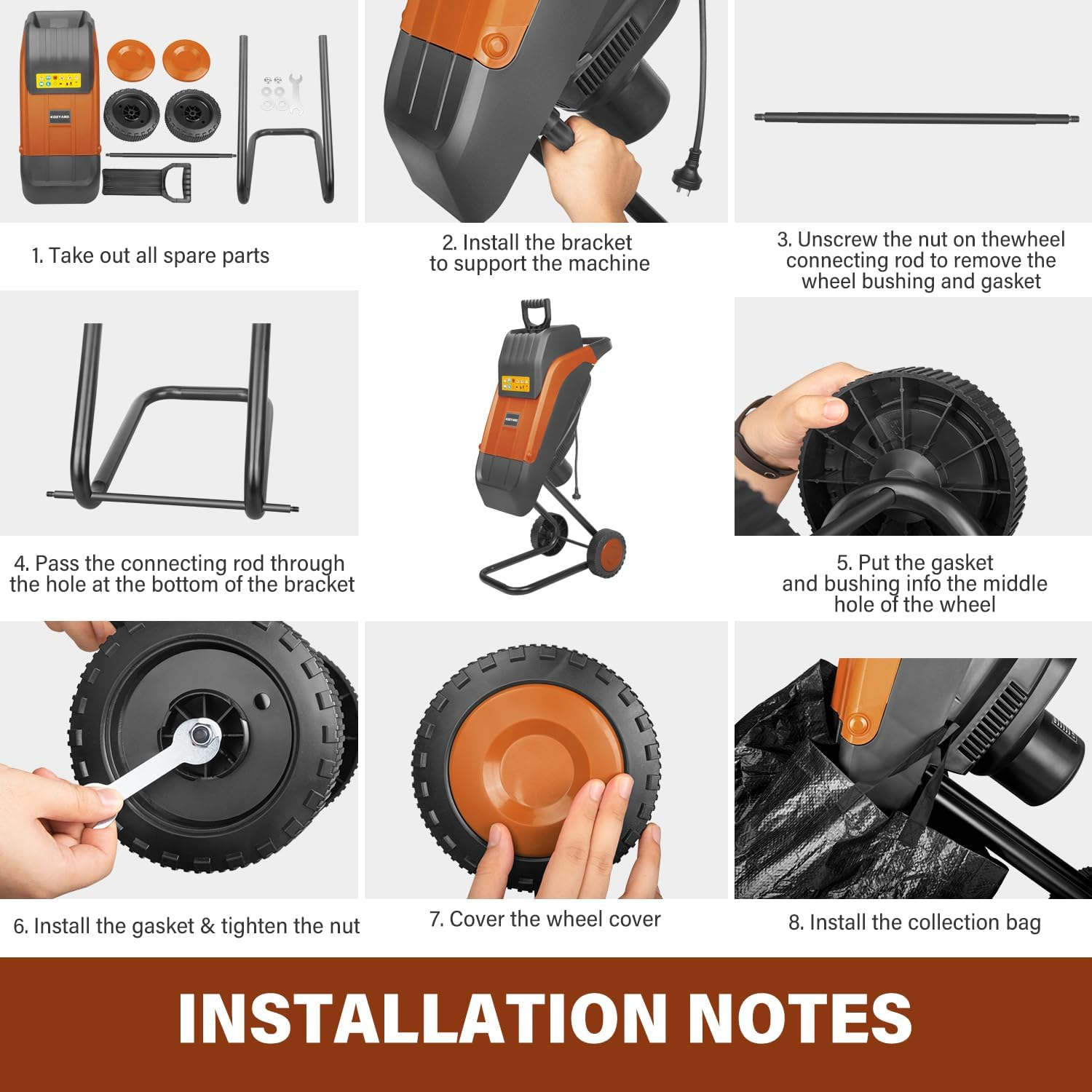 KOZYARD 2400W Electric Wood Chipper Powerful Garden Leaf Tree Branch Shredder Multi-Purpose Branch Shredder Mulcher Max Cutting Diameter 45Mm, W/ 50L Collection Bag & Feed Baffle