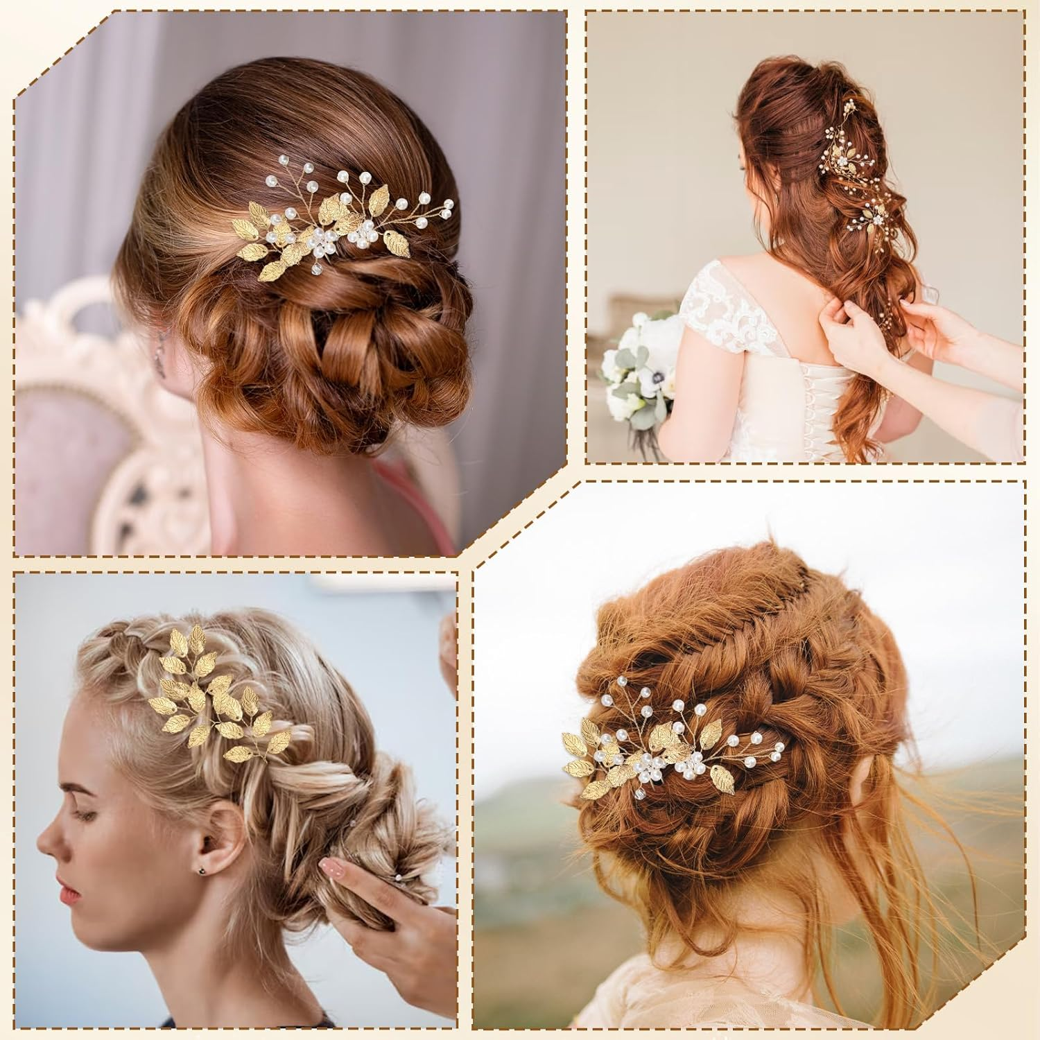 Pack of 6 Bridal Hair Pins Gold Leaves Crystal Beads Vintage Headpiece Hair Clips Hair Accessories Wedding Rhinestone Hair Accessories for Brides Bridesmaids (Gold) image number 1