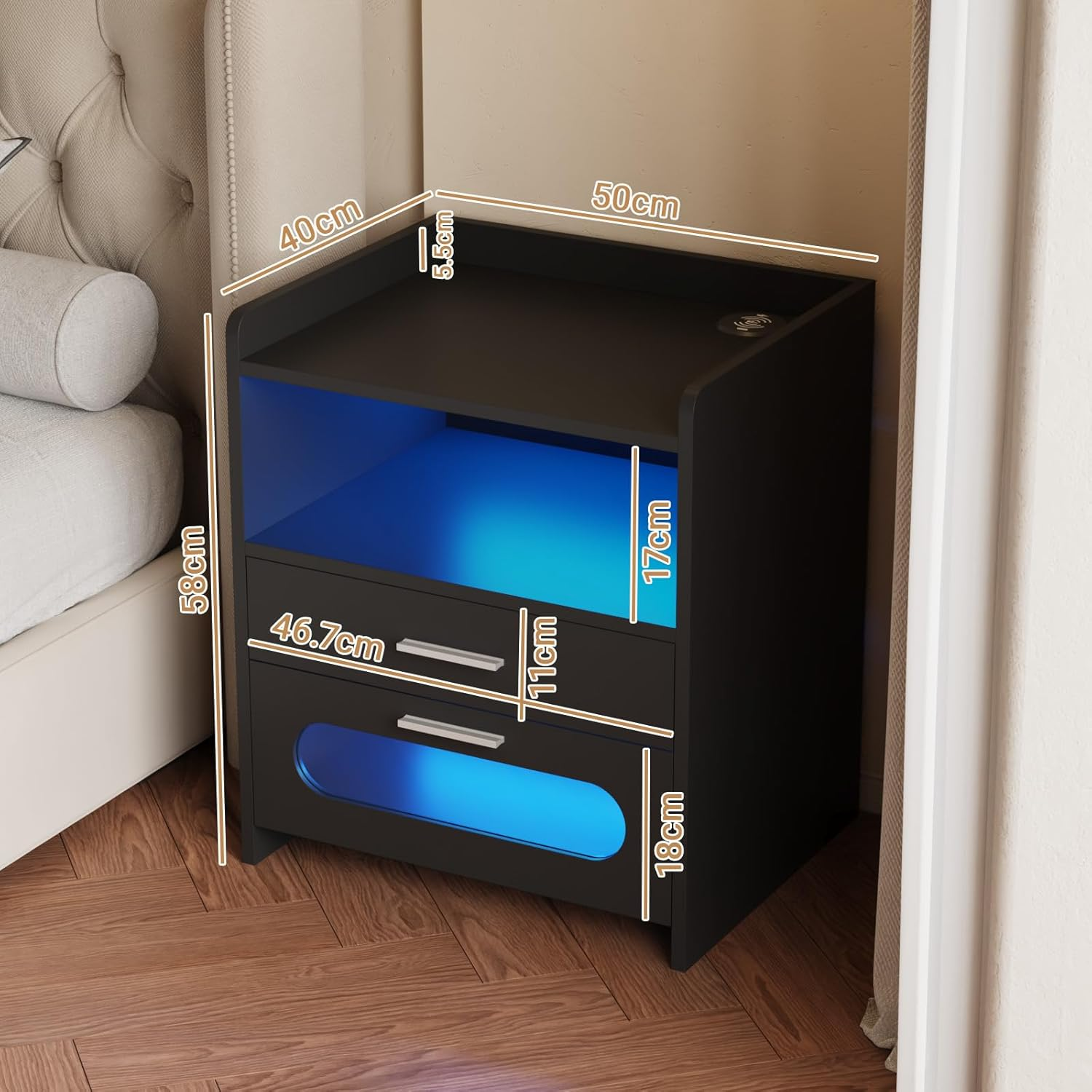 Advwin Bedside Table with 2 Drawers(1 Glass Visible), Large Nightstand with LED Light, Wireless Charging Station and USB Port for Bedroom Living Room, Black image number 2