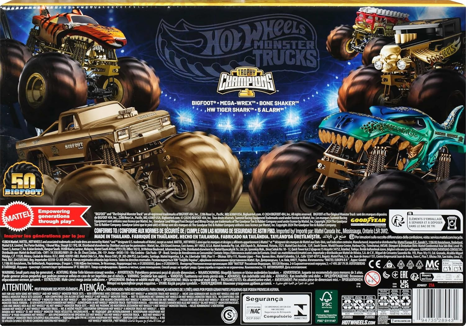 Hot Wheels Toy Cars & Trucks, Monster Trucks Trophy Champions Collection with Die-Cast Bigfoot, 5-Alarm, Bone Shaker, Mega-Wrex & Tiger Shark & 6 Cars image number 5