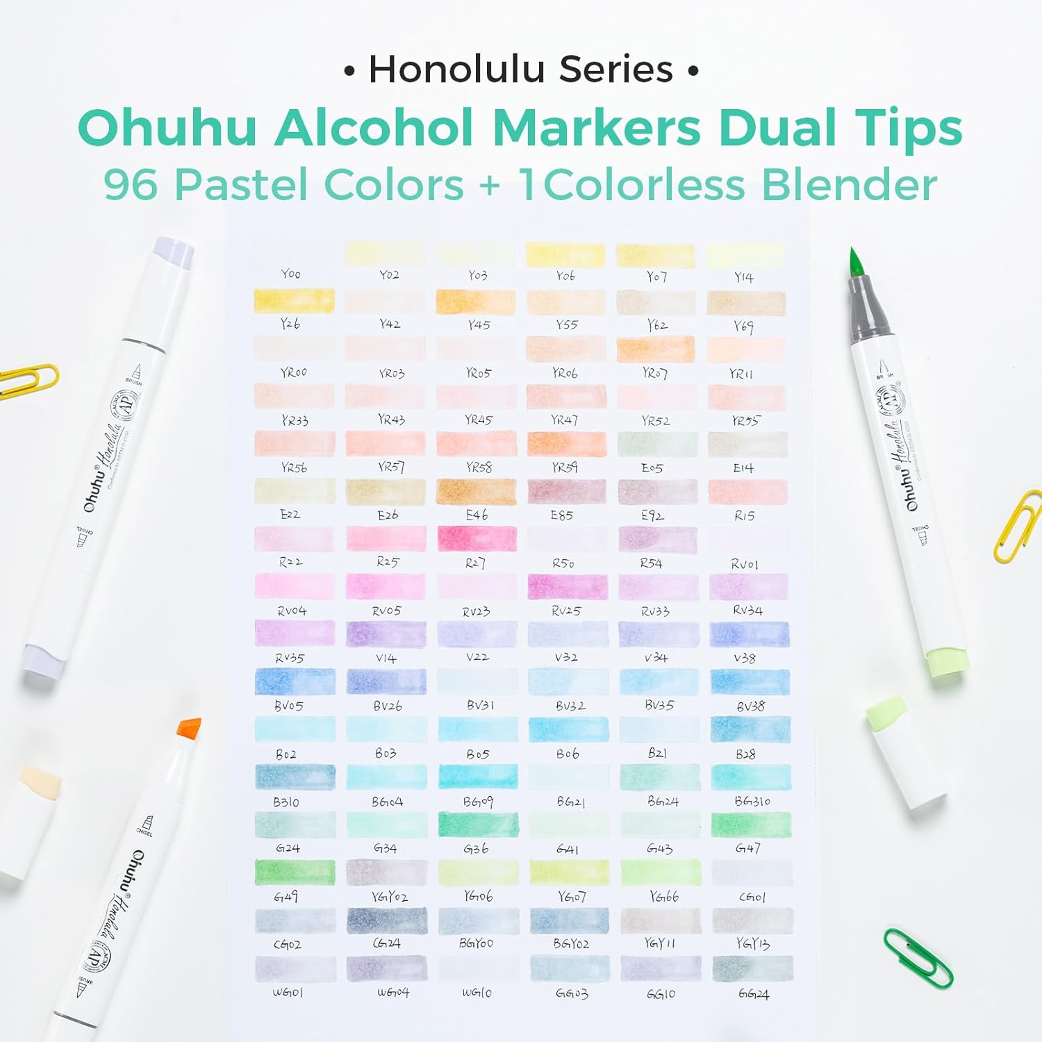 Ohuhu Pastel Markers Alcohol Based -96 Pastel Colors of Honolulu Sweetness + Blossoming - Double Tipped Art Alcohol Markers for Artist Adults' Coloring Illustration - Brush & Chisel - Refillable Ink