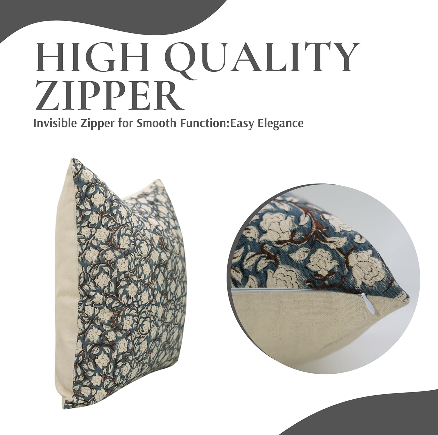 Fabritual Duck Canvas Fabric Handmade Block Floral Print 18X18 Inch Throw Pillowcase Cushion Cover Decorative for Outdoor,Farmhouse, Living Room, Sofa, Bed and Couch (Blue-Amritvella) image number 2