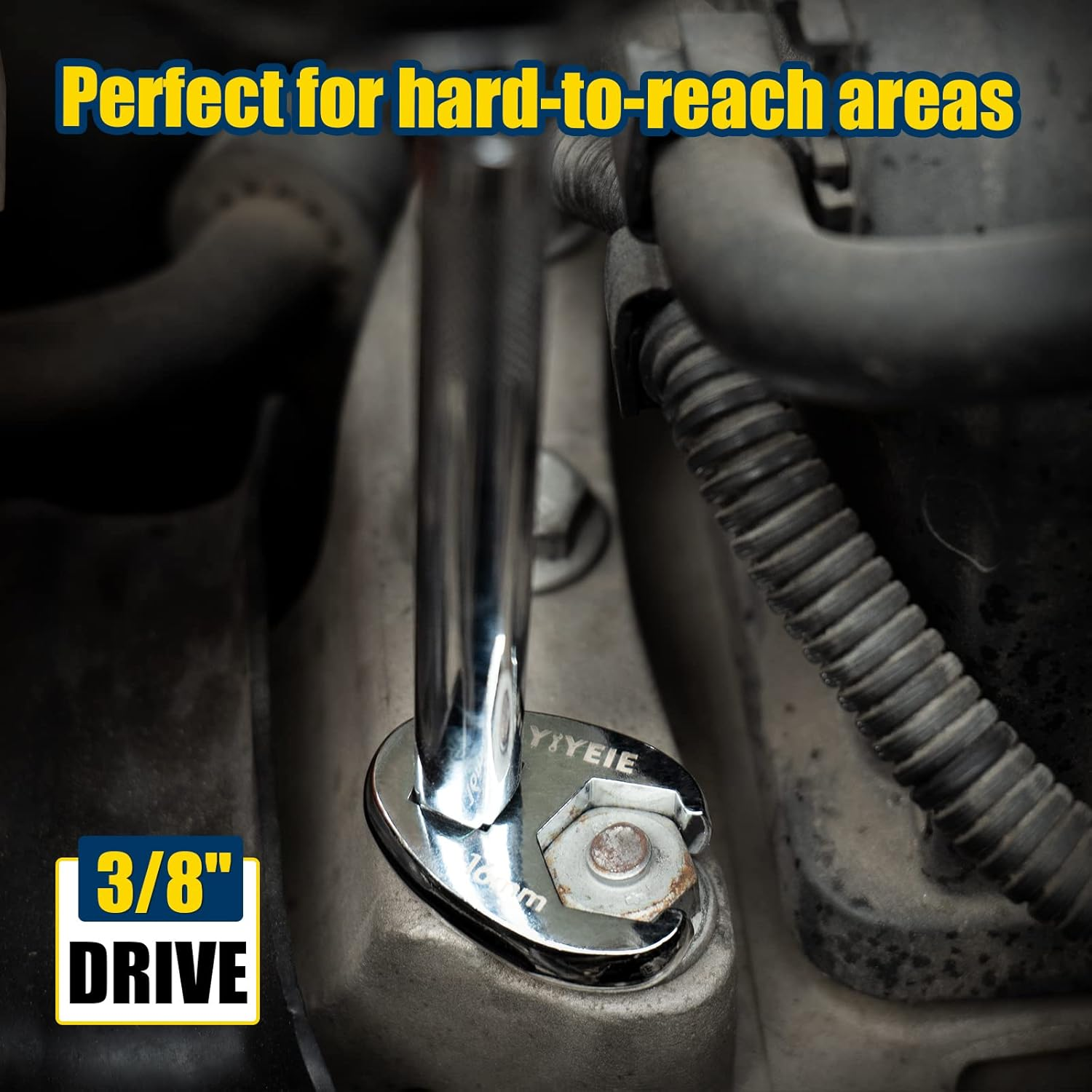 YIYEIE 3/8" Drive Crows Foot Wrench Set, 24PCS Flare Nut Crowfoot Wrench Set, Metric & SAE, 8-22Mm & 5/16"-7/8", CR-V Steel, Crows Feet Wrench Set with 2 Extension Bars, Line Wrench Set with EVA Foam image number 2