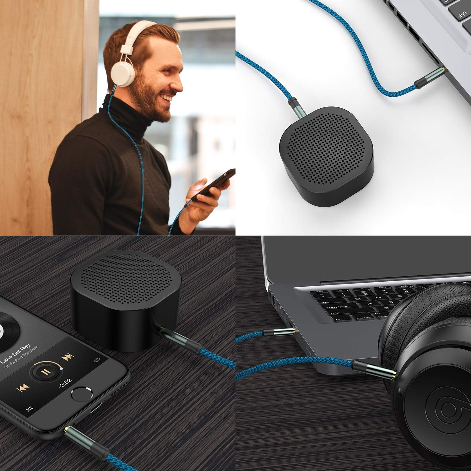 AUX Cable, [5Ft / 2 Pack- Copper Shell, Hi-Fi Sound] 3.5Mm 1/8" Auxiliary 4 Pole Stereo Audio Nylon Braided Aux Cord Compatible Car Home Stereos,Speaker,Iphone Ipod Ipad,Headphones,Sony,Echo Dot(Blue) image number 5