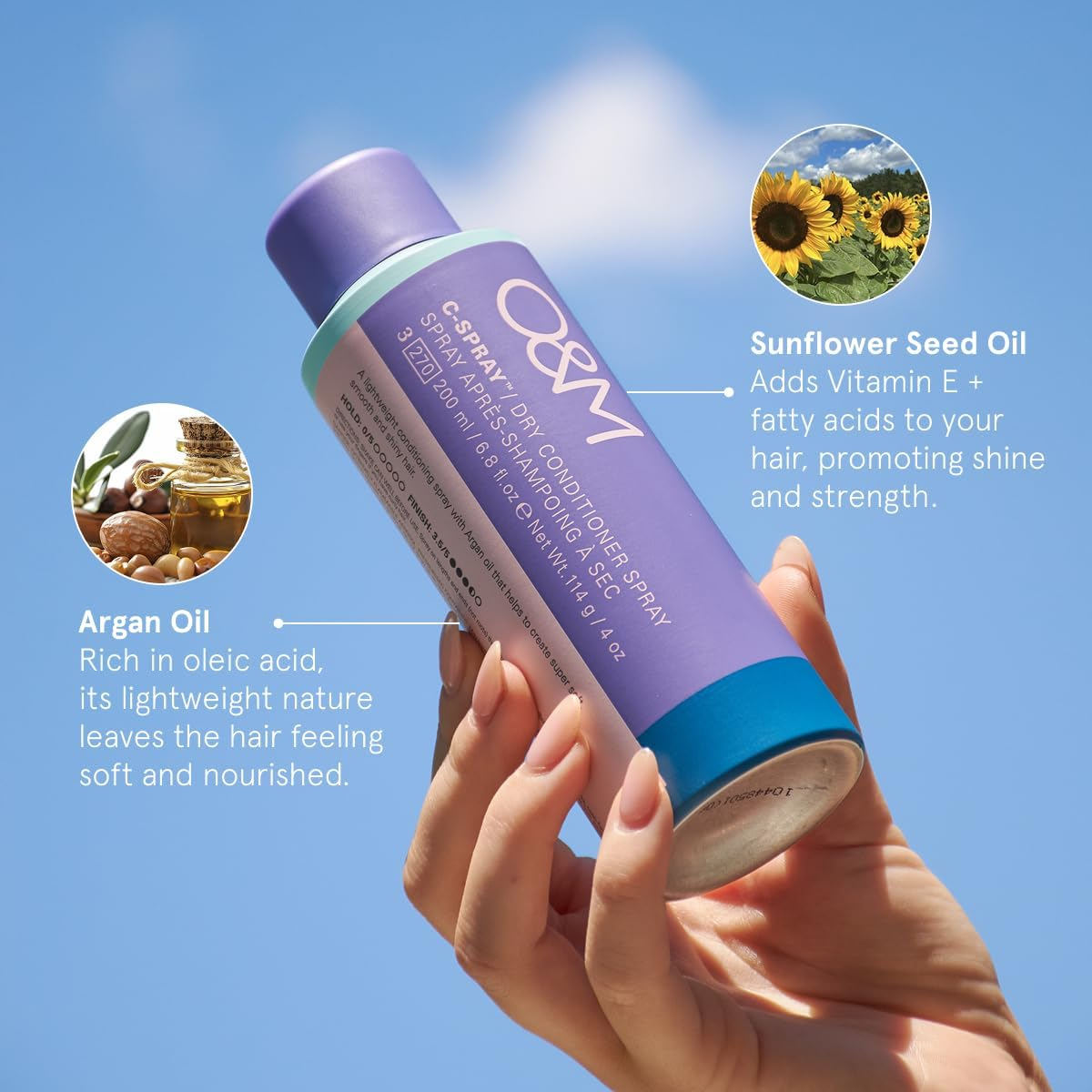 O&M C Spray Dry Conditioner Spray- 200Ml- anti Humidity,. Anti-Static, Softens and Smooths Hair between Washes. Clean from Sulfates, Parabens, Silicones, Phthalates & Gluten, PETA Certified & Vegan image number 4