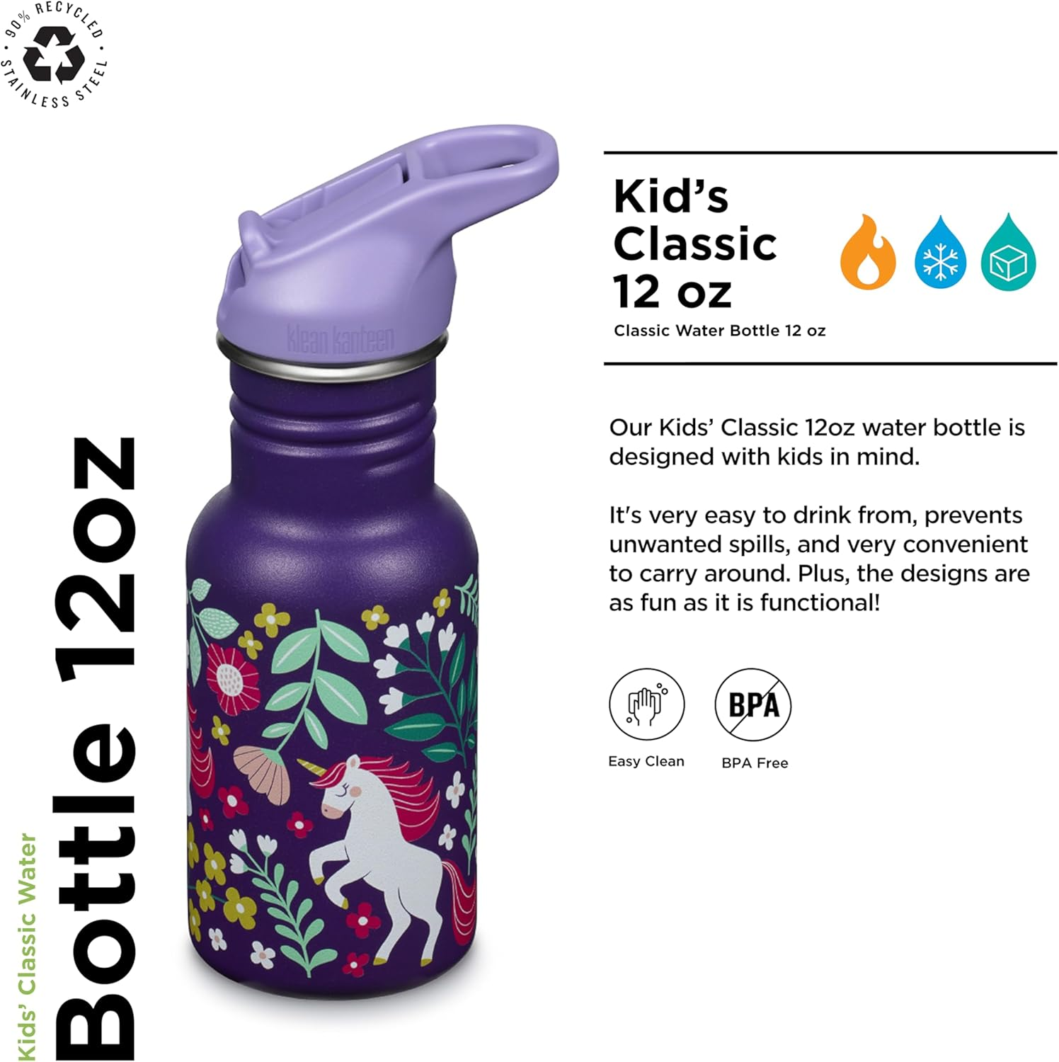 Klean Kanteen Classic Kid'S Water Bottle with Flip Seal Sport Cap Leaping Unicorns, 12 Oz (355 Ml) Capacity image number 3