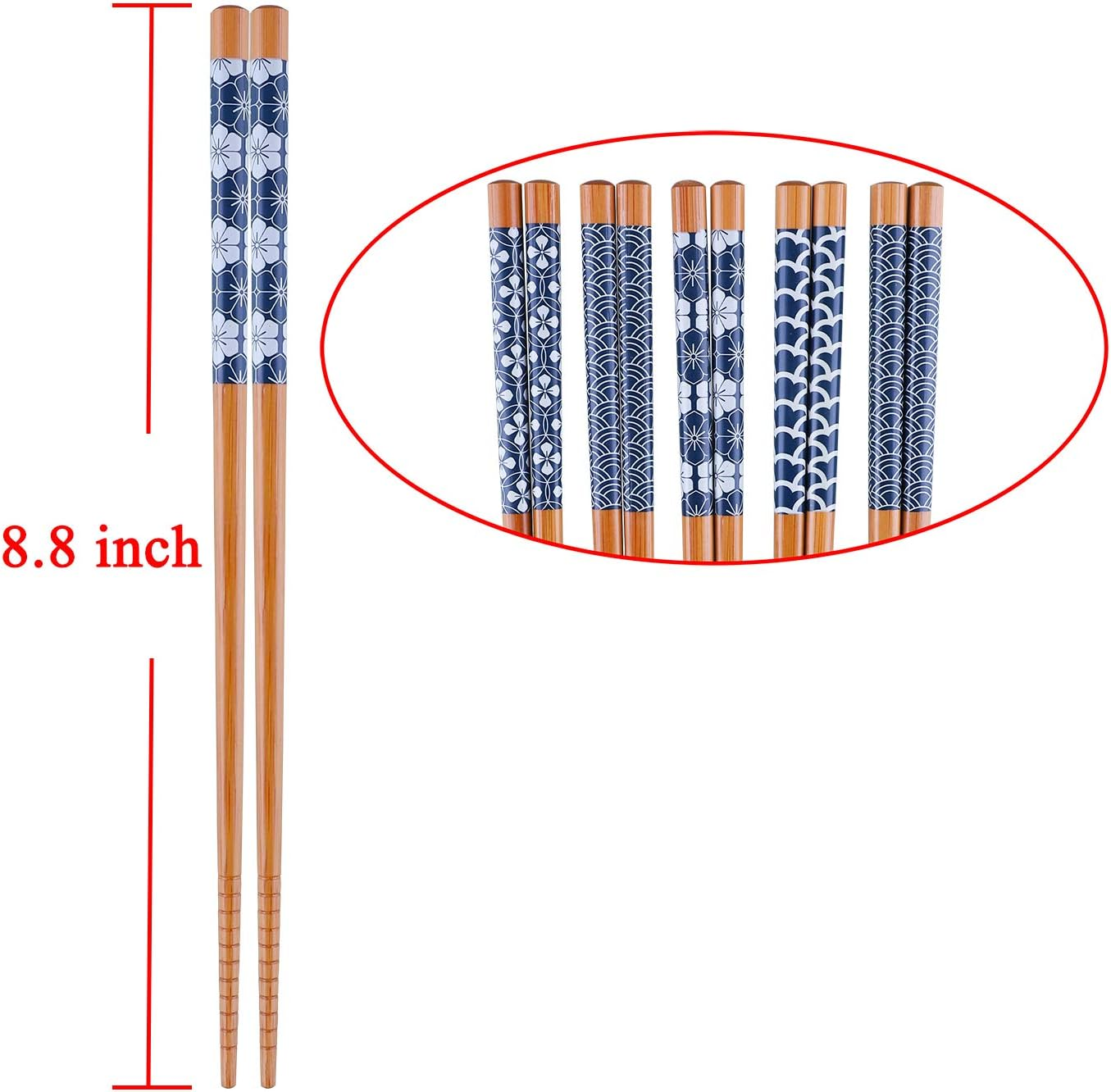 Antner 10 Pairs Natural Bamboo Chopsticks Japanese Style Reusable Chop Sticks, Dishwasher Safe Chopstick Set, 8.8 Inch/22.5Cm image number 1