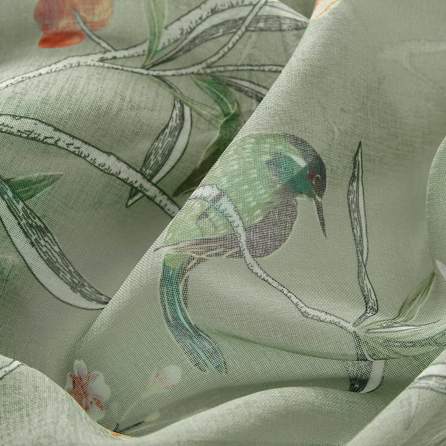 XTMYI Light Green Curtains 63 Inch Length for Bedroom 2 Panels Cute Birds Floral Pattern Rustic Cottage Core Cottagecore Sheer Decorative Kitchen Dining Room Bathroom Window, Sage Green, 52/''X63/'' image number 7