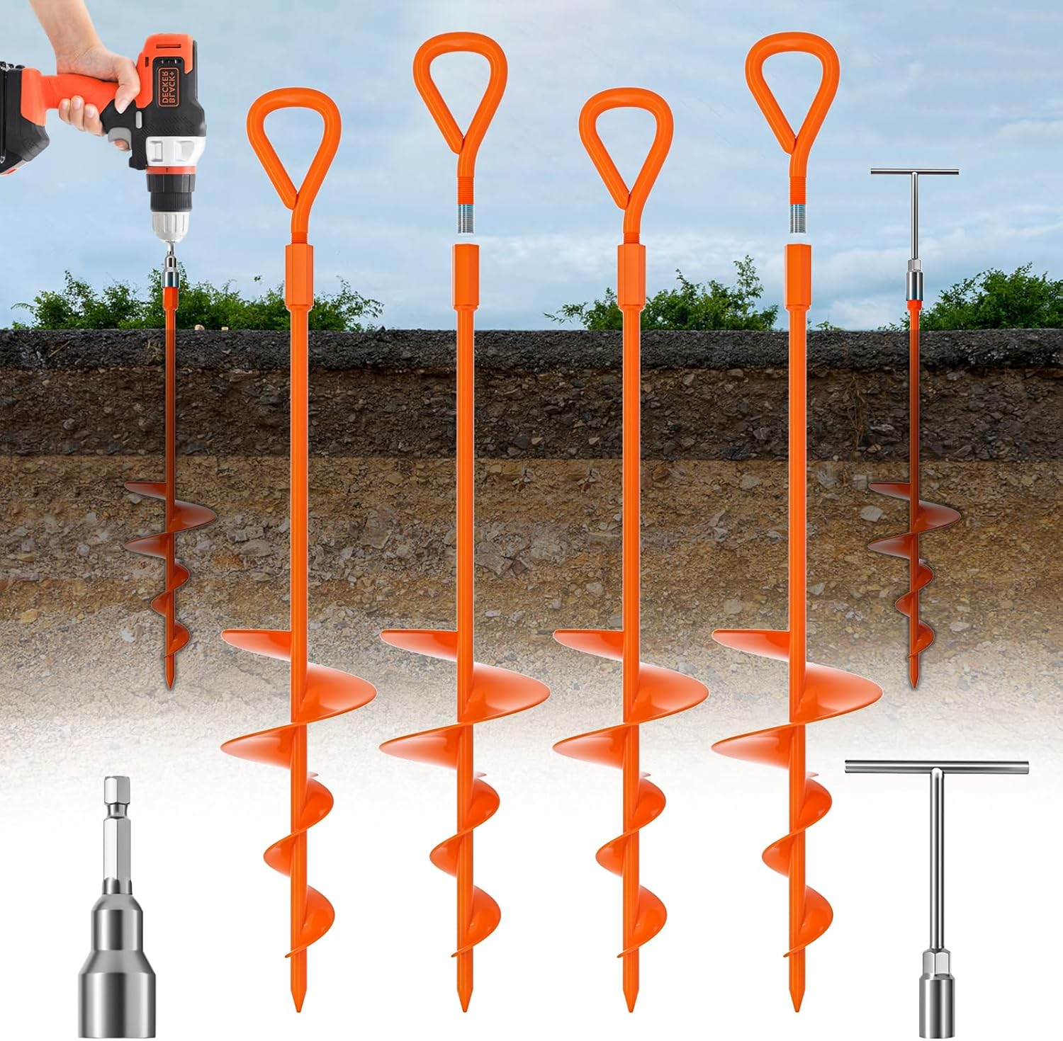 18" Long Ground Anchor, Heavy Duty Earth Anchors 18 Inch Ground Anchors Screw in Kit with T-Handle Hex Wrench for Camping Tent, Swing Sets, Securing Animals, Sheds, Trampoline(4 Pcs) (Black)