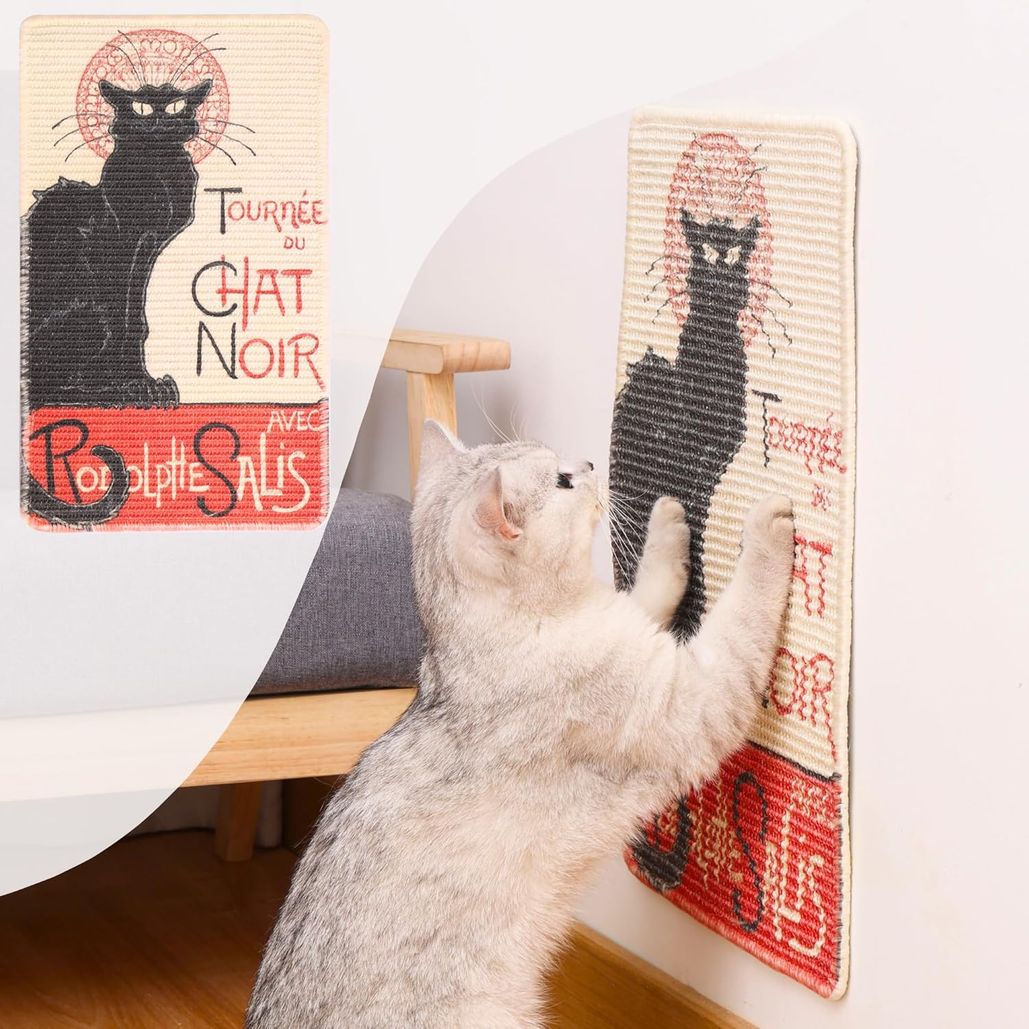 Furrther Sisal Cat Scratcher Mat (Use on Wall, Couch and Carpet), Durable and Shedding-Resistant Cat Scratching Surface - 21.7X13 Inch with Adhesives and Twist Pins (The Black Cat Vintage Poster) image number 4