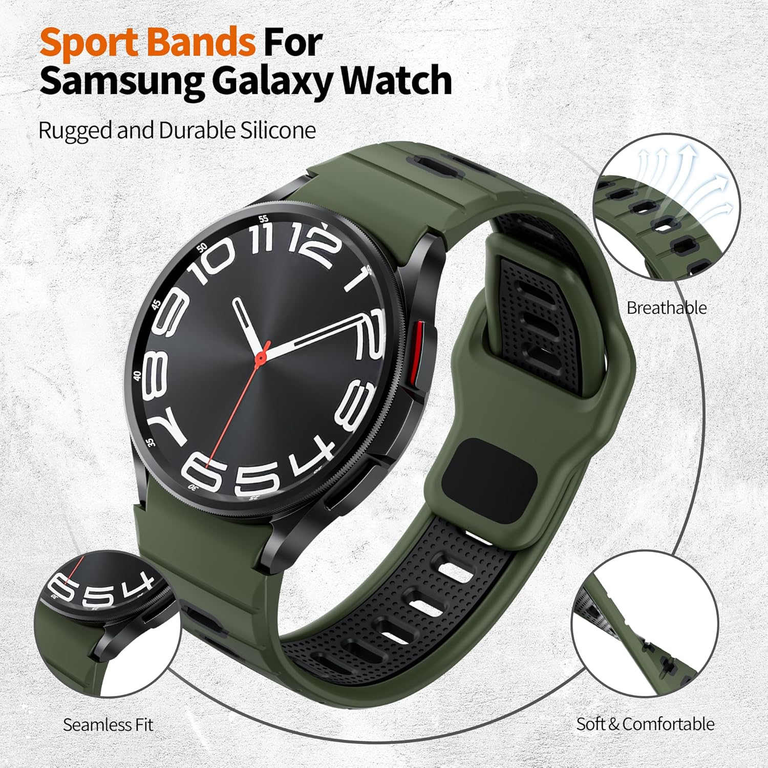 Silicone Band for Samsung Galaxy Watch 7/6/5/4 Band 40Mm 44Mm/Galaxy Watch 6 Classic 47Mm 43Mm/Watch 4 Classic 46Mm 42Mm/Fe 40Mm Men Women, Rugged No Gap Sport Band for Samsung Watch 5 Pro 45Mm image number 2