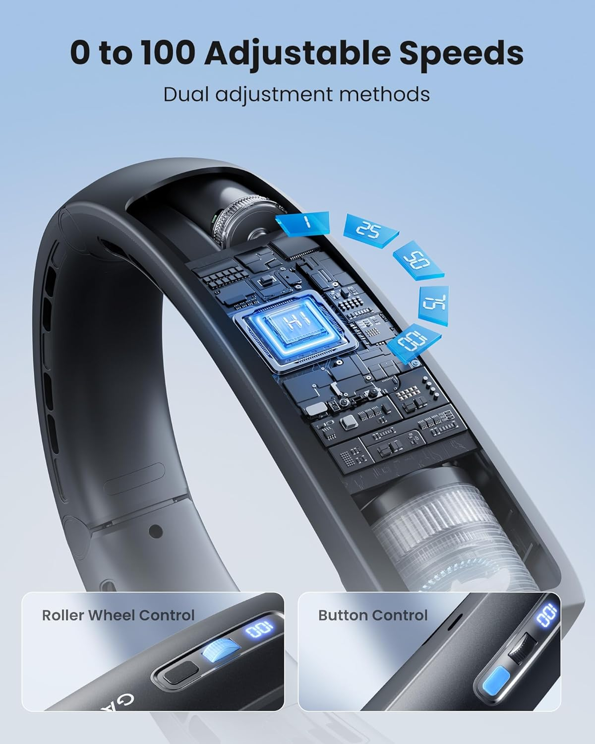 Gaiatop Portable Neck Fan, Wearable 360&deg; Surround Cooling Turbo Airflow, 0 to 100 Speeds, up to 12.5H Lasting, Rechargeable Hands Free Personal Fans for Outdoor, Travel, Concerts, Office, Gym, Black image number 4