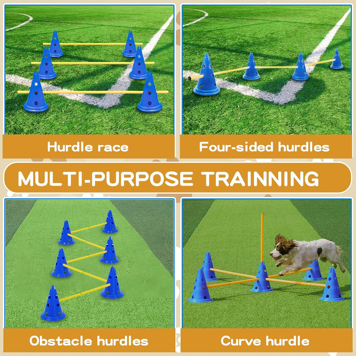 AEDNX Dog Agility Hurdle Cone Set Dog Agility Course Backyard Set Include 12 Agility Cones 6 Agility Rods Agility Training Equipment Height Adjustable Obstacle with Storage Bag Blue