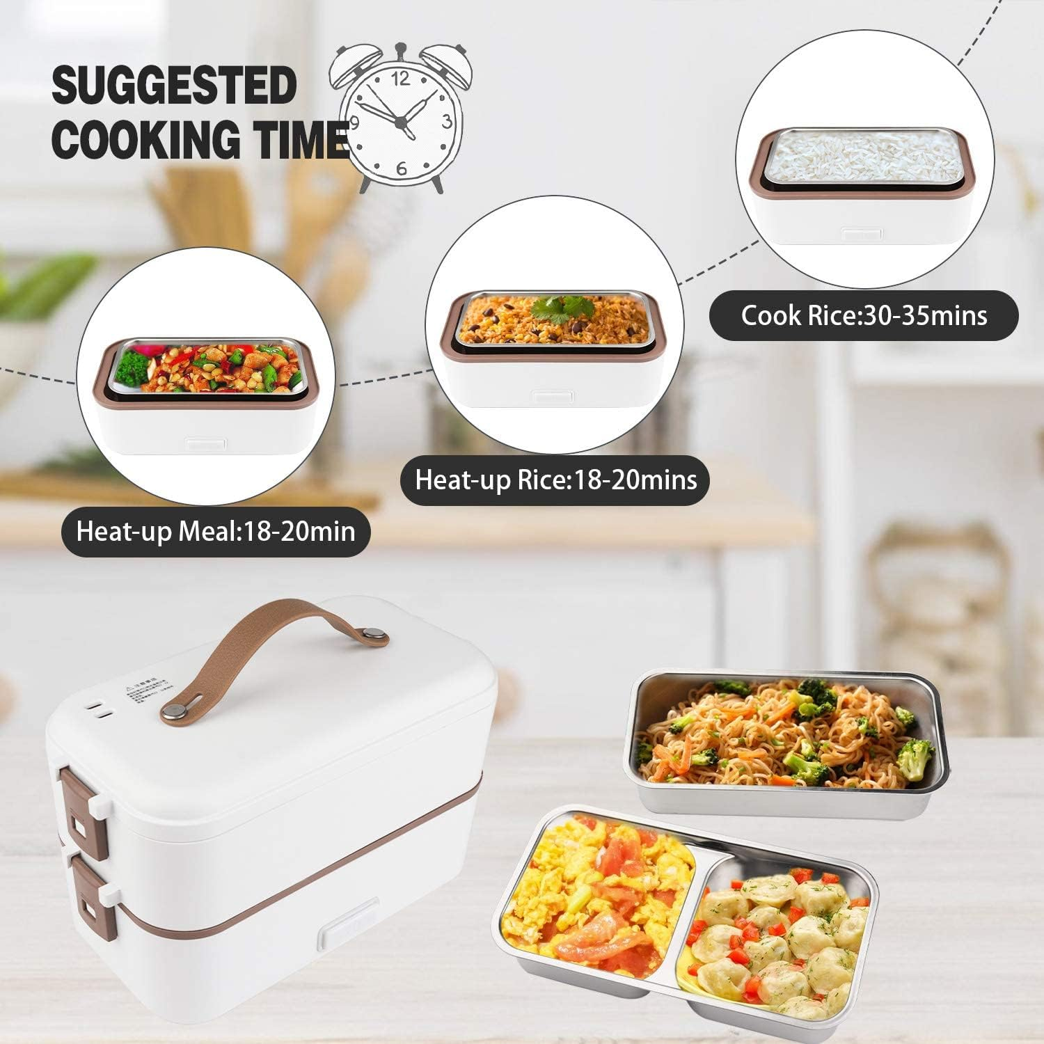 Self Cooking Electric Lunch Box, Portable Food Warmer for Home Office School, 2 Layers 0.8L Mini Rice Cooker Steamer Lunch Box with Removable Stainless Steel Container, Auto Off image number 1