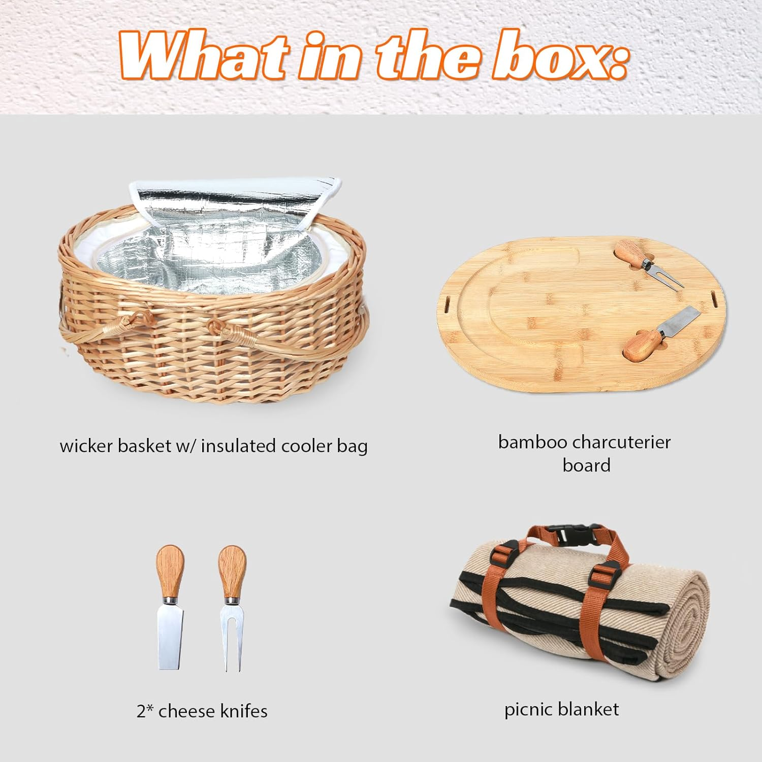 Hap Tim Dual Wicker Picnic Basket Set with Blanket for 2 - Unique Gifts Ideas for Couple, Engagement, Wedding, Bridal Shower, Family, Christmas - White Elephant Gifts for Adults（Au2408A-2） image number 1