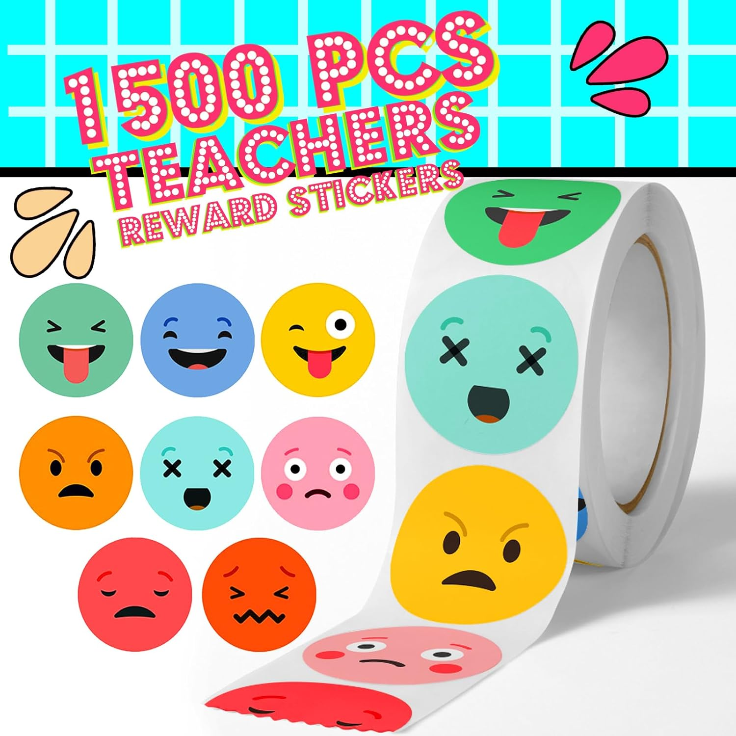 Eideos 1500 PCS Smiley Face Stickers Teachers Reward Stickers for Classroom 8 Colors Style Incentive Stickers Behavior Chart Stickers (1" Each, 3 Rolls) image number 3