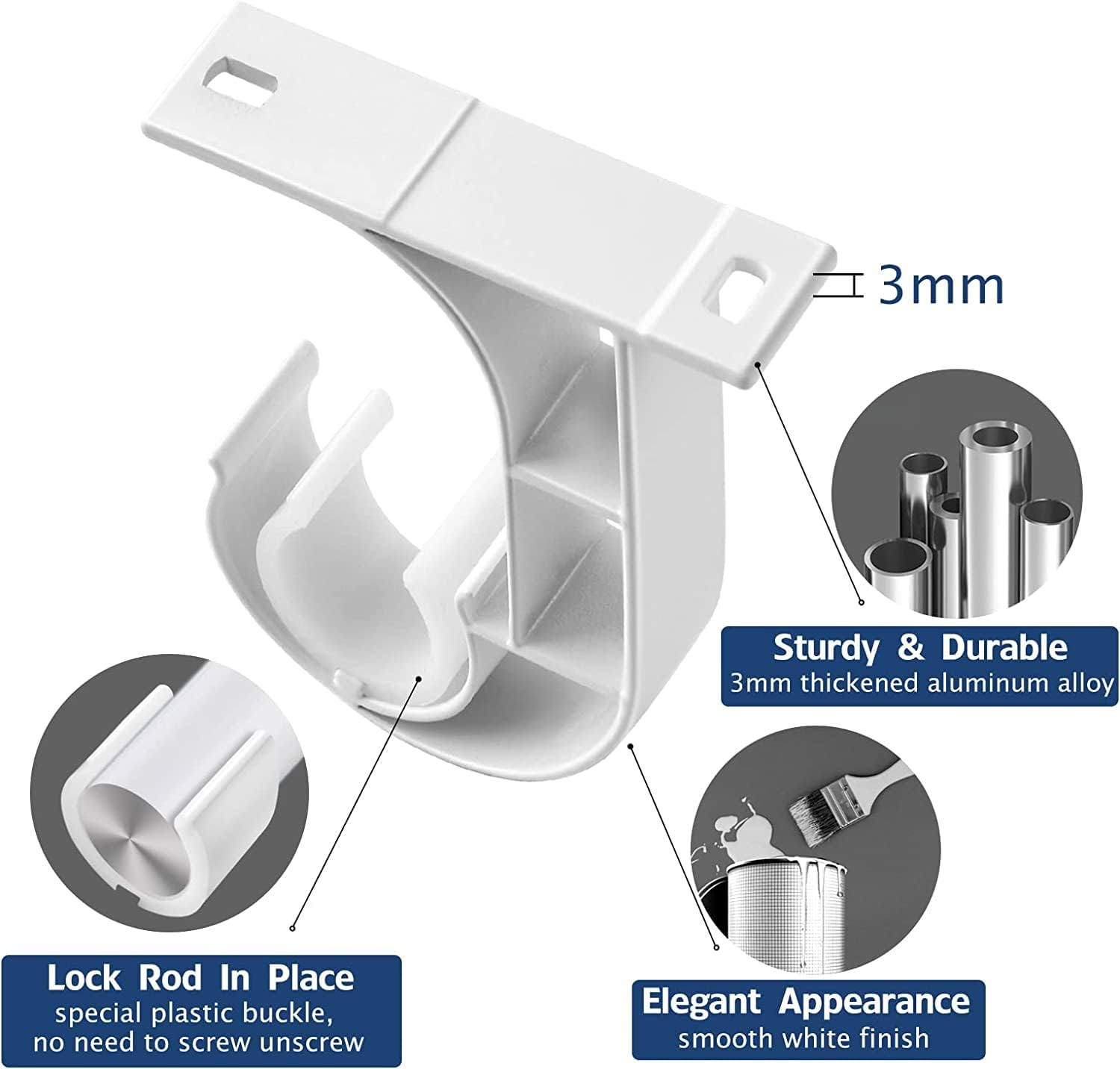 Curtain Rod Brackets Holders,6 Pack Ceiling Curtain Rod Brackets, White Curtain Rod Holder Hooks for 1 Inch Rod, Aluminum Alloy, Heavy Duty Ceiling Hooks for Curtains Shower Curtain Rod Bracket Hanger