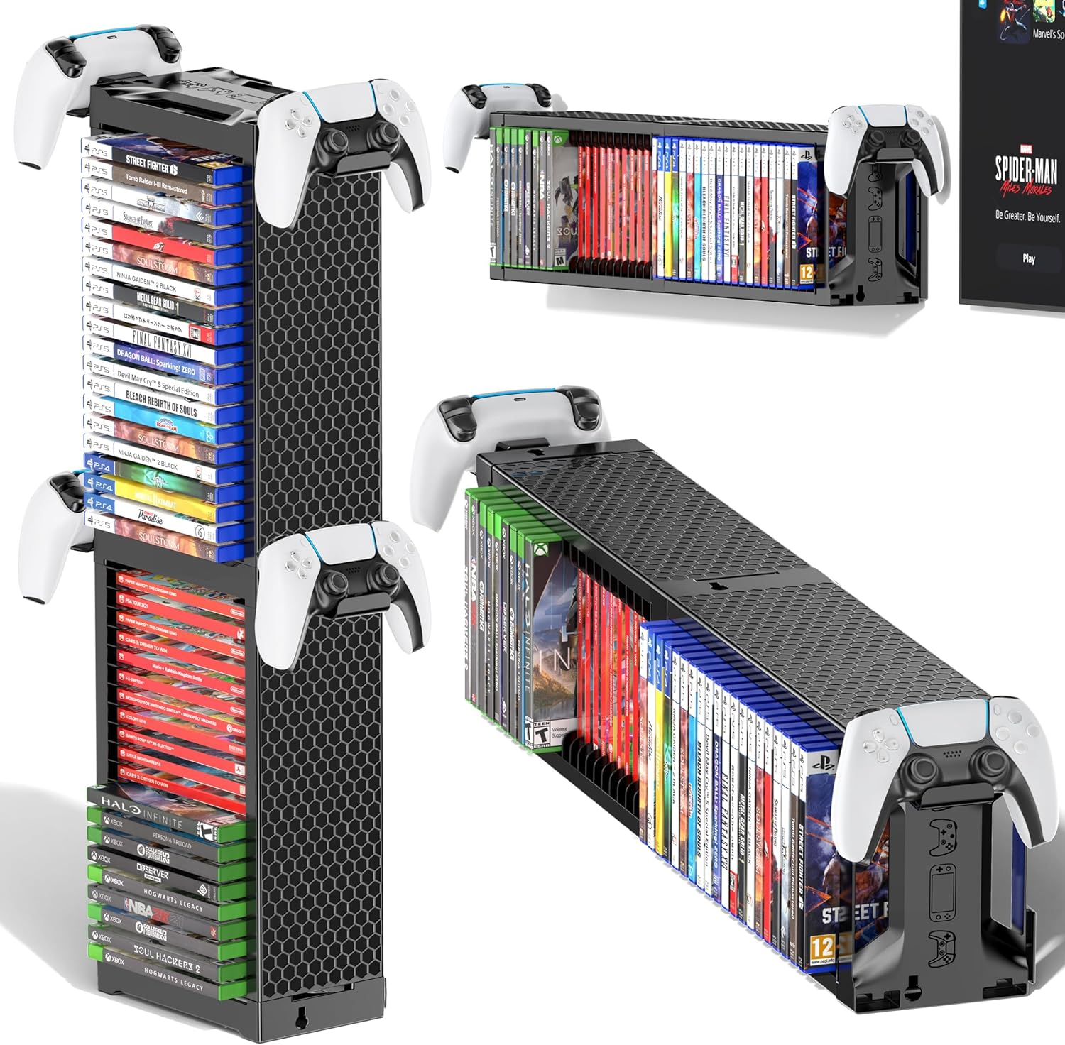 Kytok Video Game Storage Stand Tower with Controller Holder, Wall Mount Game Disc Case Organizer Compatible with PS5 PS4 Nintendo Switch Xbox Series/One, Vertical & Horizontal Stand for 40 Gaming Disc image number 2