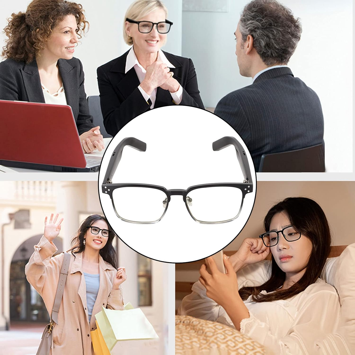 ASHATA Smart Glasses, Wireless, IPX4 Waterproof, Noise Reduction, Listen to Music and Calls, BT Open Ear Smart Glasses with anti Blue Lens and Stereo Speakers (Black Progressive) image number 5