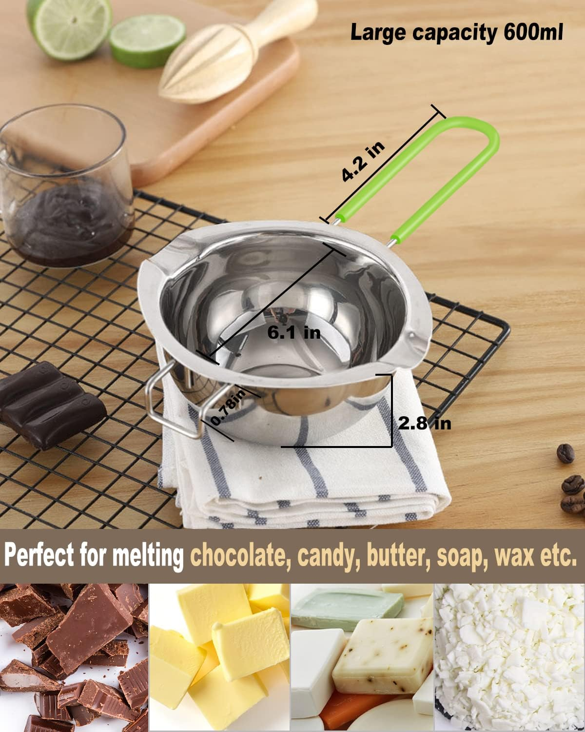 Double Boiler Pot Set, Stainless Steel Melting Pot with Silicone Spatula for Melting Chocolate, Soap, Wax, Candle Making (600Ml and 1600Ml,Green) image number 5