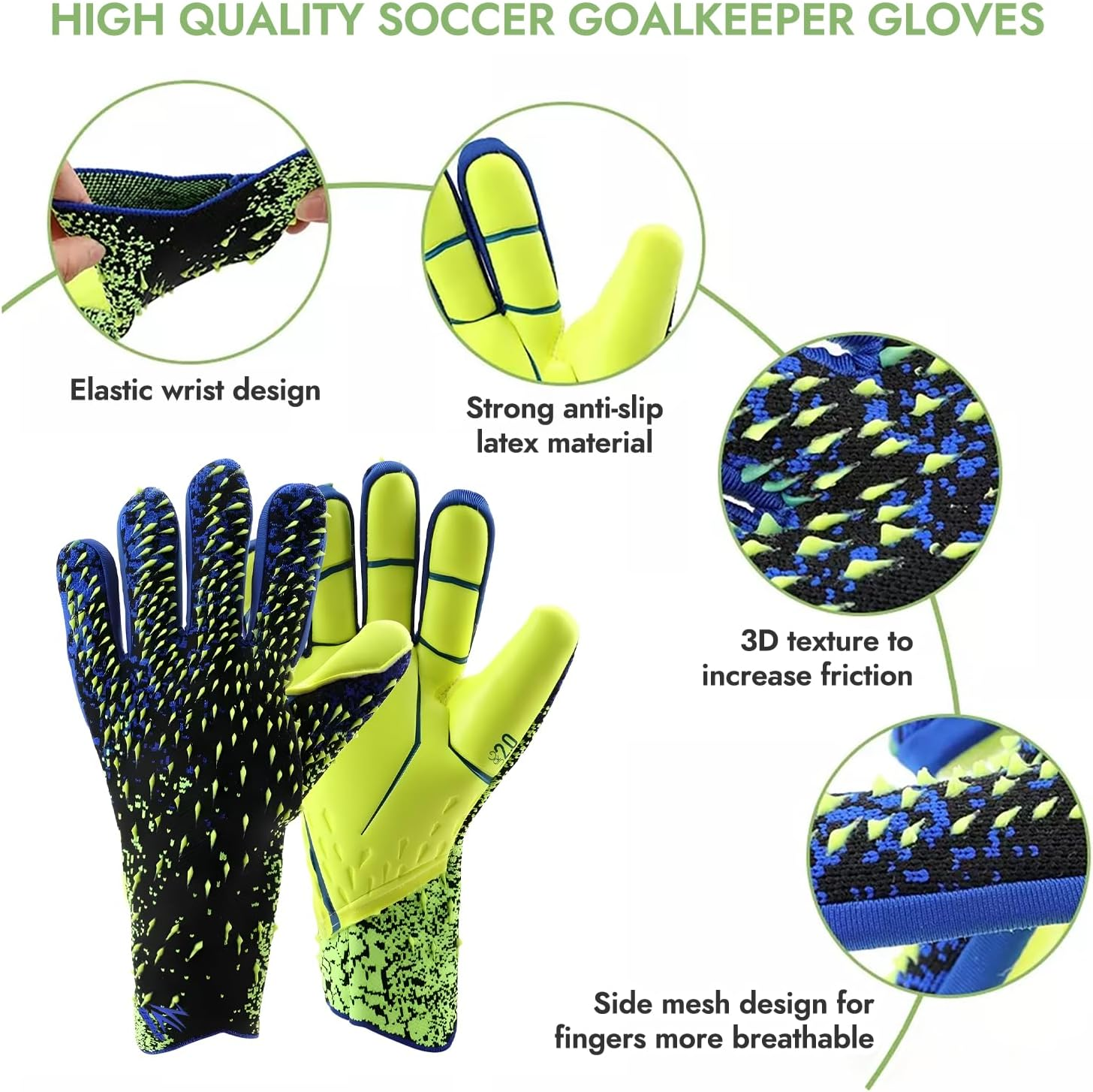 Zezelife Football Goalkeeper Gloves, Soccer Goalie Gloves Kids Boys Children Youth Adults, Gloves anti Slip, Full Finger Breathable Mesh Self Adjustable Wrist Sports Soccer Gloves Green image number 6
