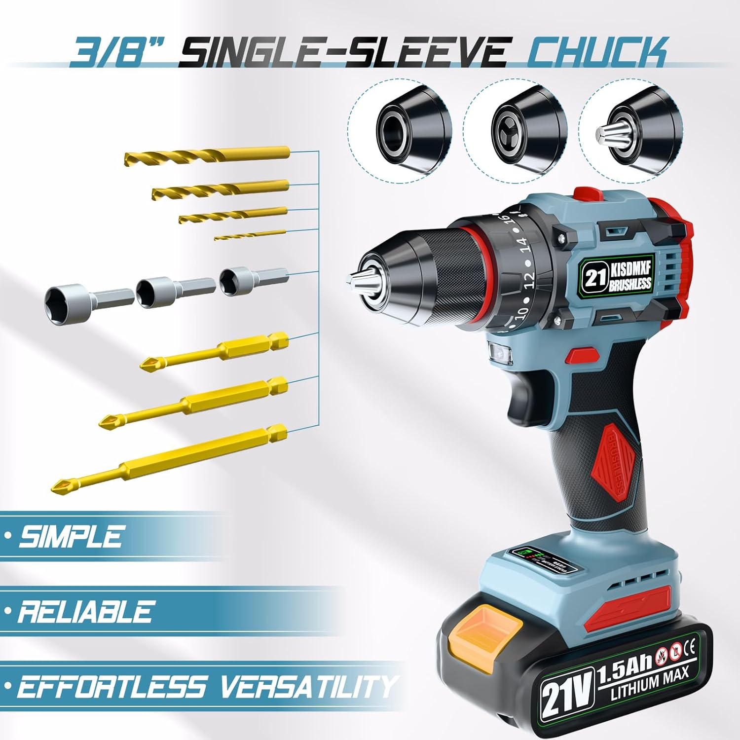 21V Cordless Drill, Brushless Power Drill Set with 2 Batteries and Charger,3/8-Inch Chuck Electric Drill Driver,20+3 Torque Setting,32 Pcs Drill/Driver Bits and Tool Set image number 6