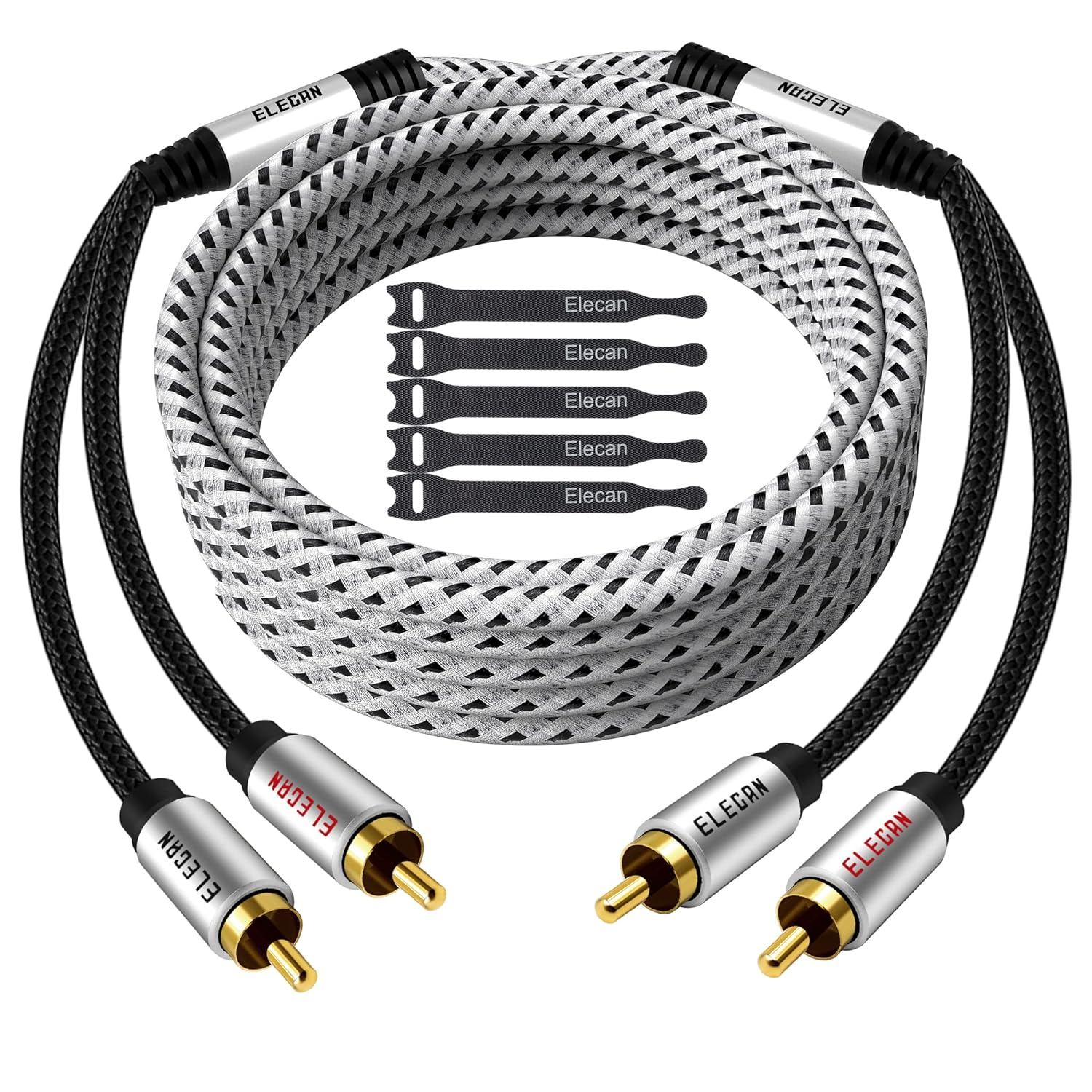 Elecan Premium RCA Cable 4 Ft (Hi-Fi Sound-16 Awg-Shielded) 2 RCA Male to 2 RCA Male Stereo Audio Cable, Gold Plated-Aluminum Alloy Shell-Pure Copper-Braided RCA Cord for Home Theater Speakers + Ties image number 1