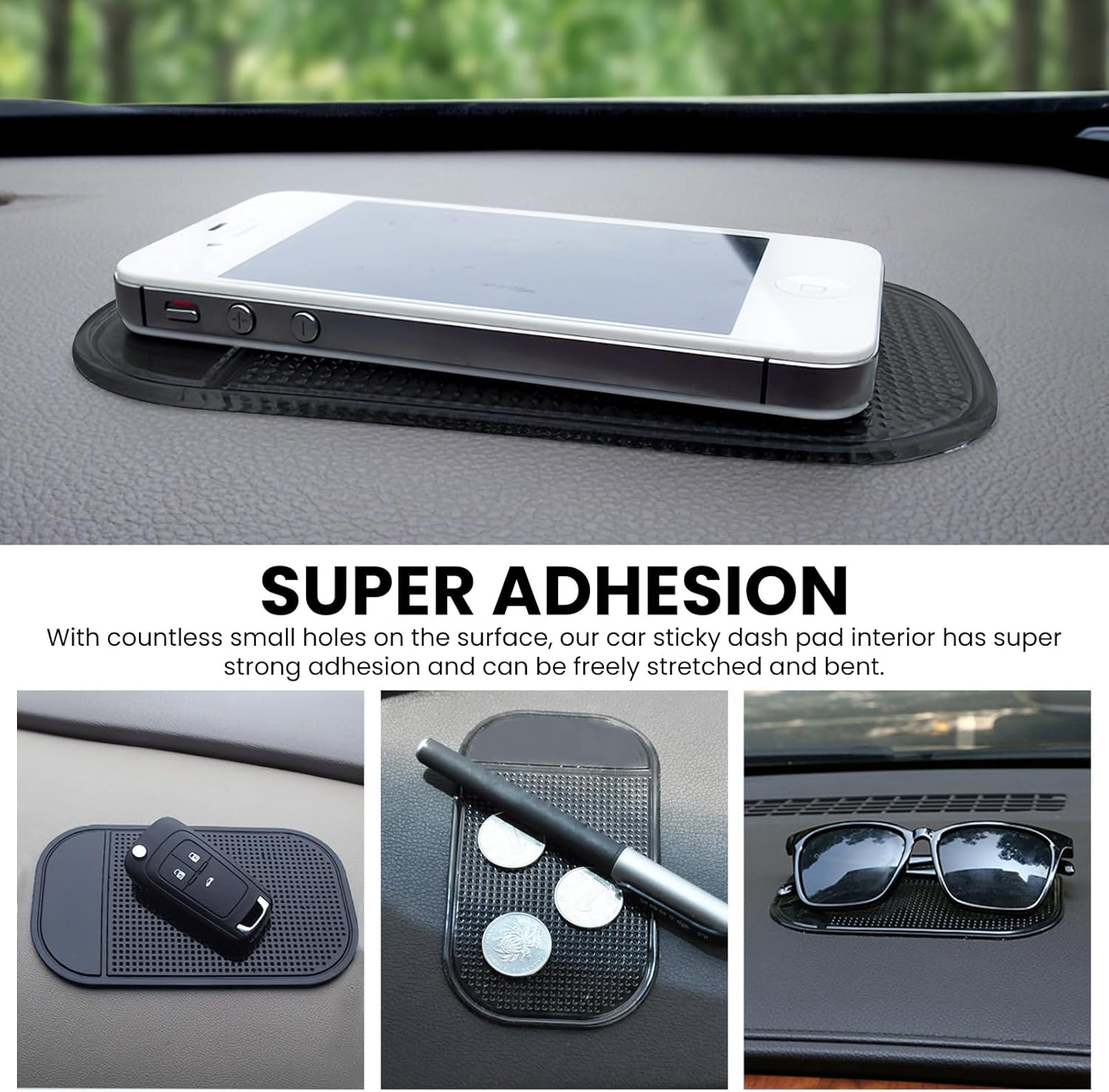 4 PCS anti Slip Mat, 14 * 8 Cm Non Slip Car Dash Mats, Self-Adhesive Washable Dashboard Grip, Car Dashboard Accessories, Multifunctional Fixate anti Slip for Cell Phone Sunglasses Keys - Black image number 4