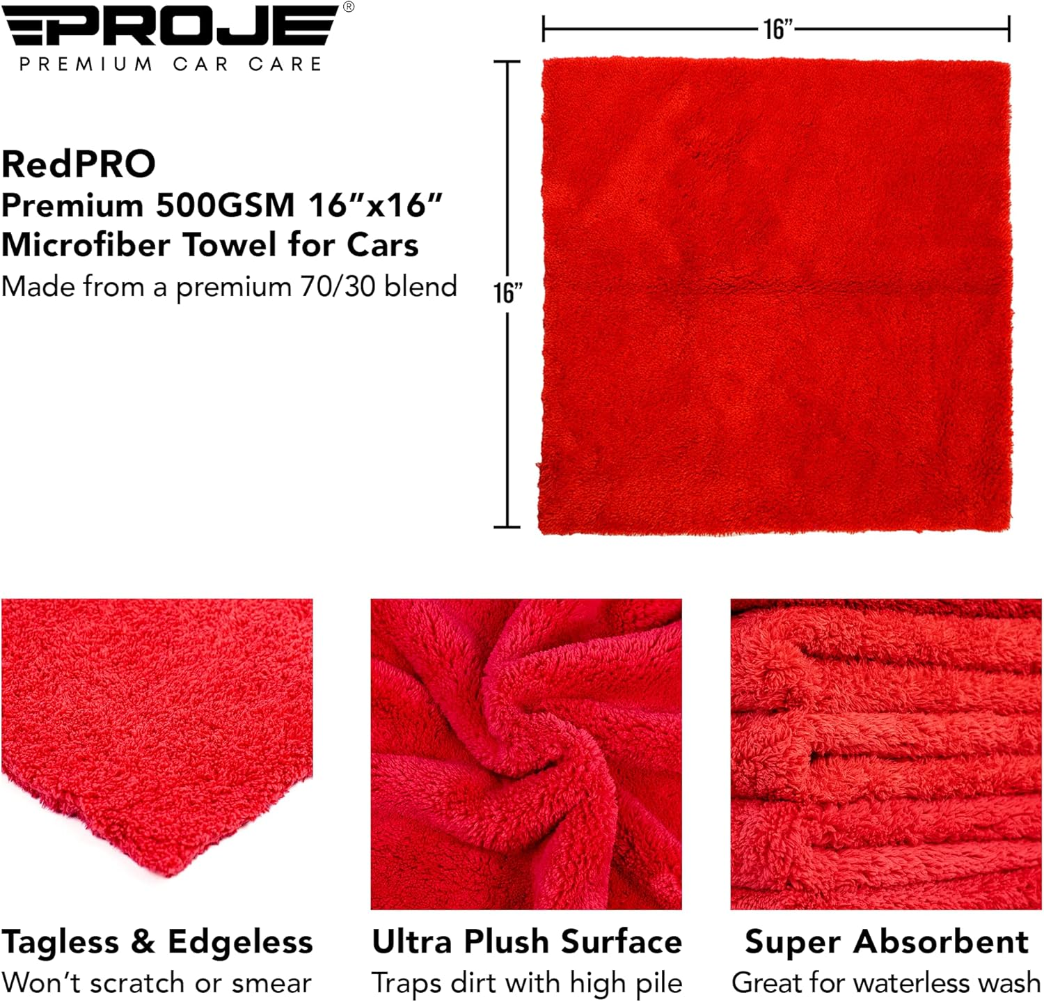 Proje Premium Car Care Microfiber Towel | Plush Red Microfiber Towel for Detailing and Polishing Cars | Ultra Absorbent Towel | Streak Free and Scratch Proof | 450 GSM 16"X16" Towel | Pack of 6