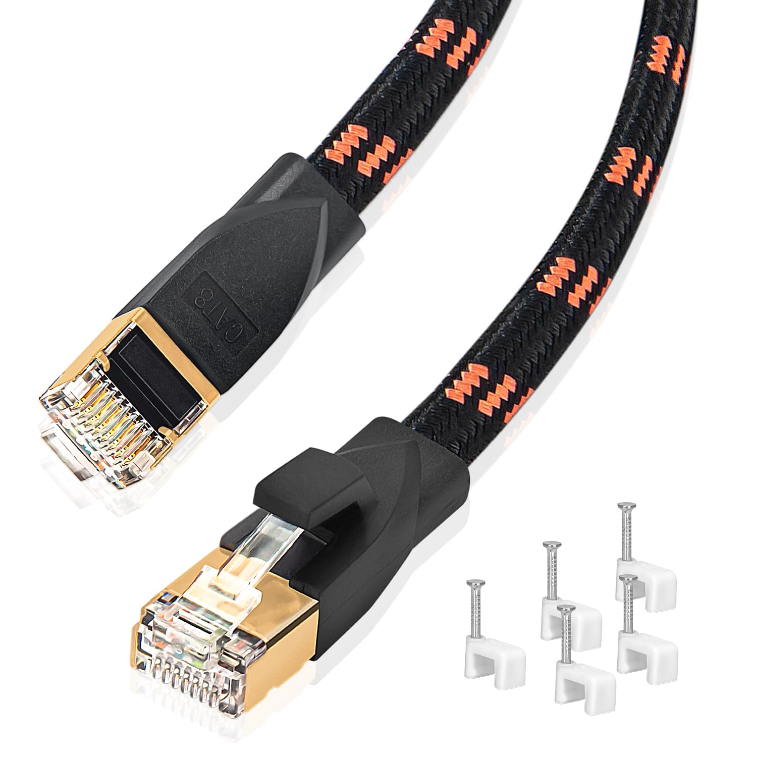 Cat 8 Ethernet Cable 20M, Nylon Braided High Speed Cat8 Network LAN Patch Cord, 40Gbps 2000Mhz Shielded RJ45 Flat Internet Cable in Wall, Indoor & Outdoor for Modem/Router/Pc/Gaming image number 2