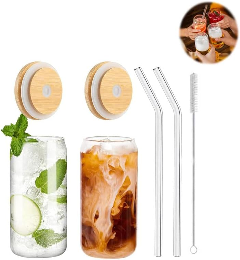 2Pack Glass Cups，Bamboo Lids Drinking Glasses Set，Glass Can Coffee Cup（16Oz，With Lids & Straws） image number 2